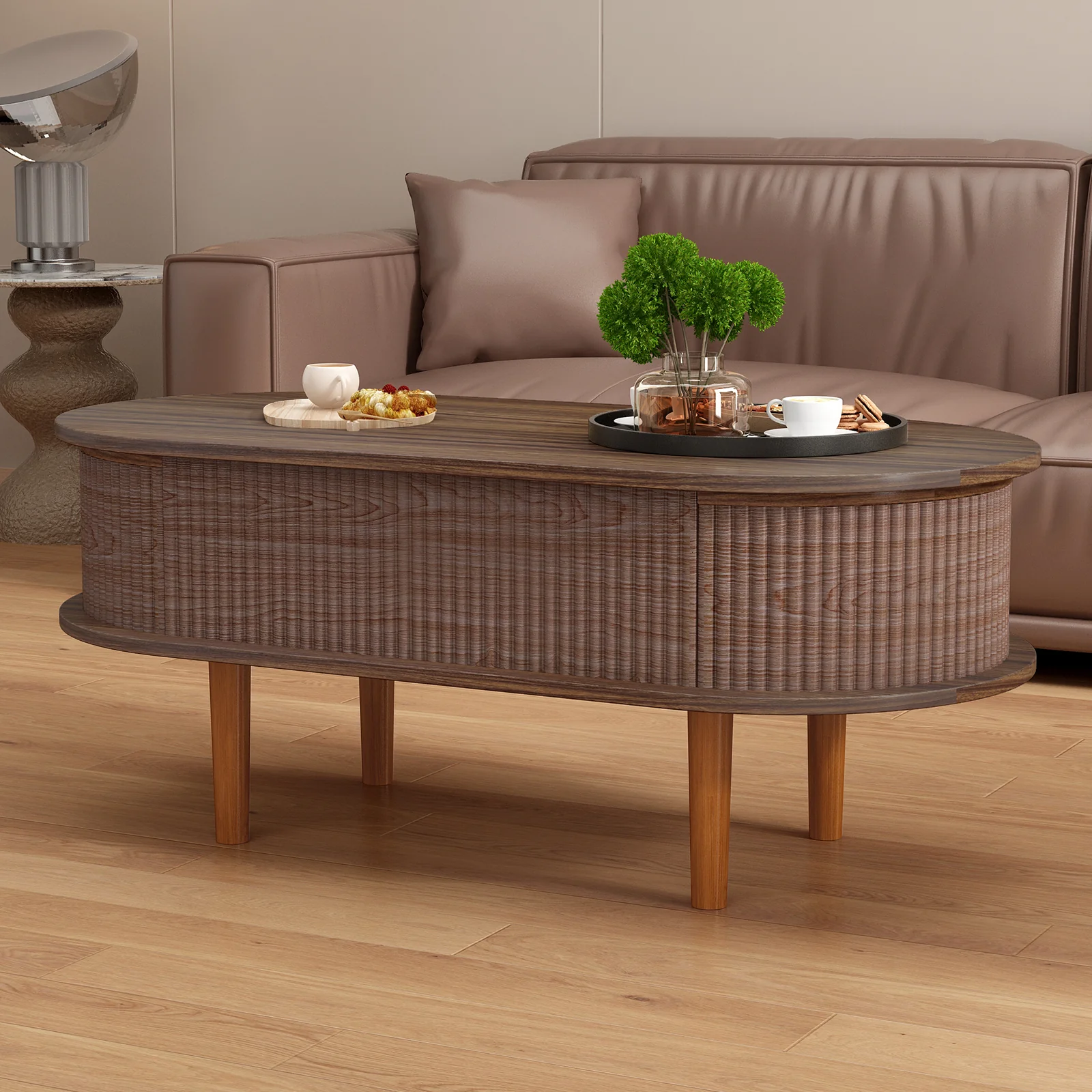 Fluted Modern Oval Lift Top Coffee Table with Hidden Compartment - Image 16