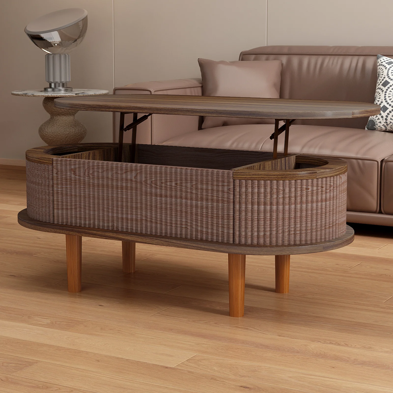 Fluted Modern Oval Lift Top Coffee Table with Hidden Compartment - Image 17