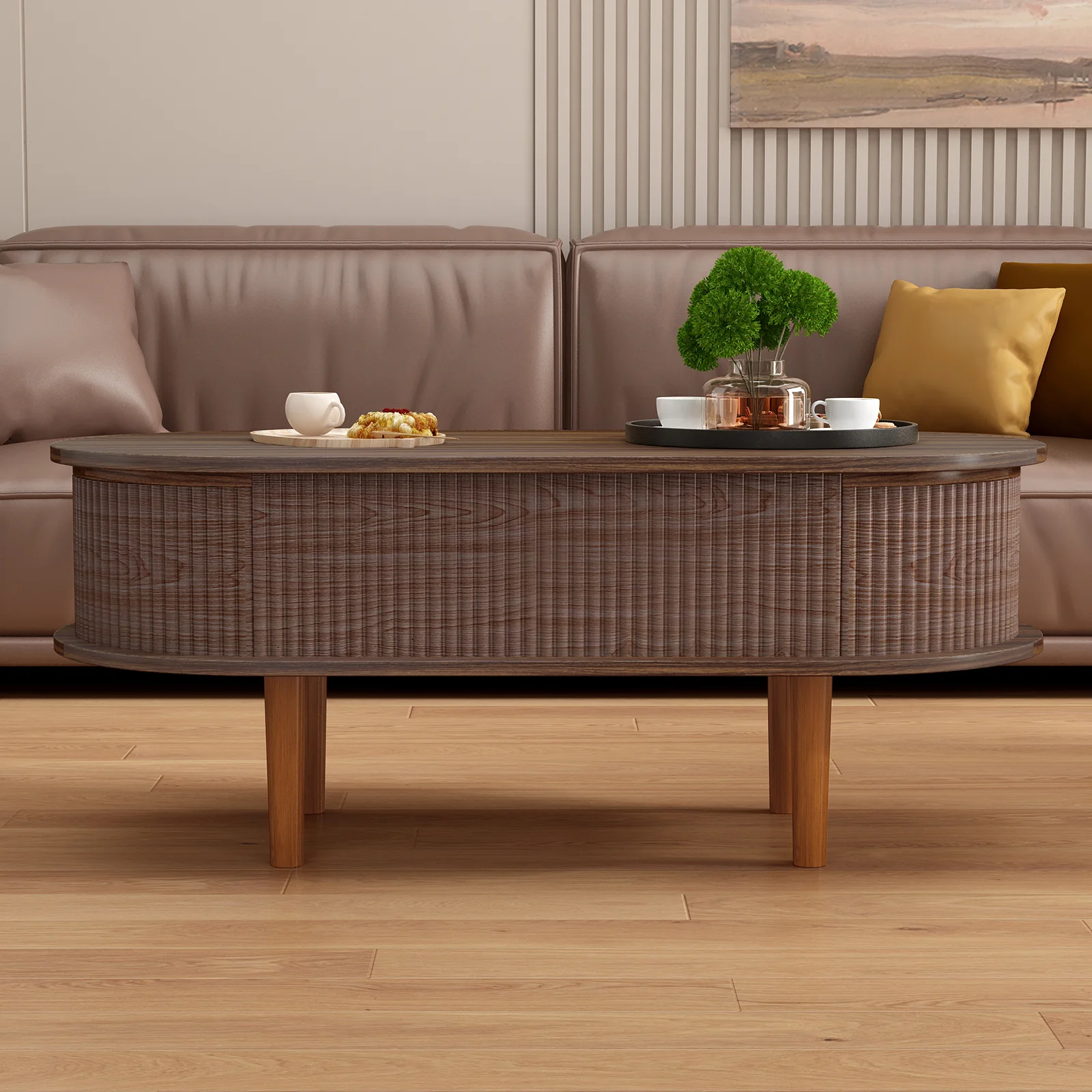 Fluted Modern Oval Lift Top Coffee Table with Hidden Compartment - Image 18