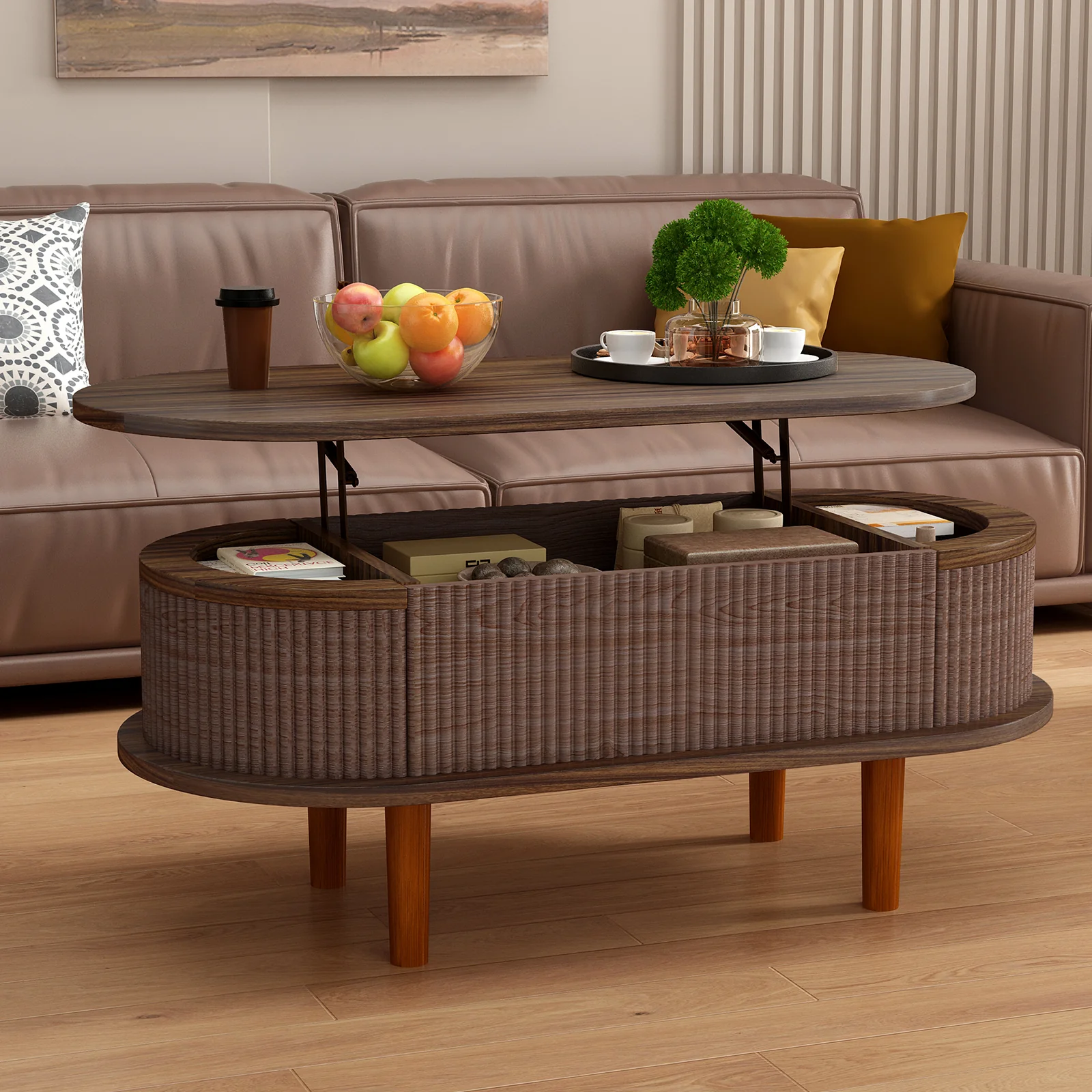 Fluted Modern Oval Lift Top Coffee Table with Hidden Compartment - Image 19