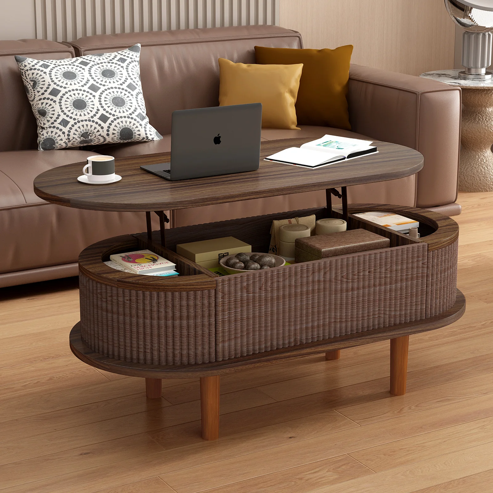 Fluted Modern Oval Lift Top Coffee Table with Hidden Compartment - Image 20