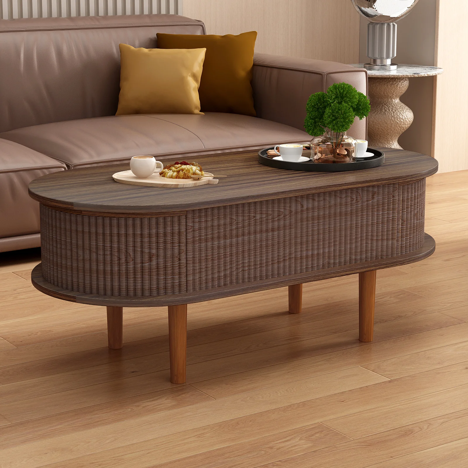 Fluted Modern Oval Lift Top Coffee Table with Hidden Compartment - Image 21