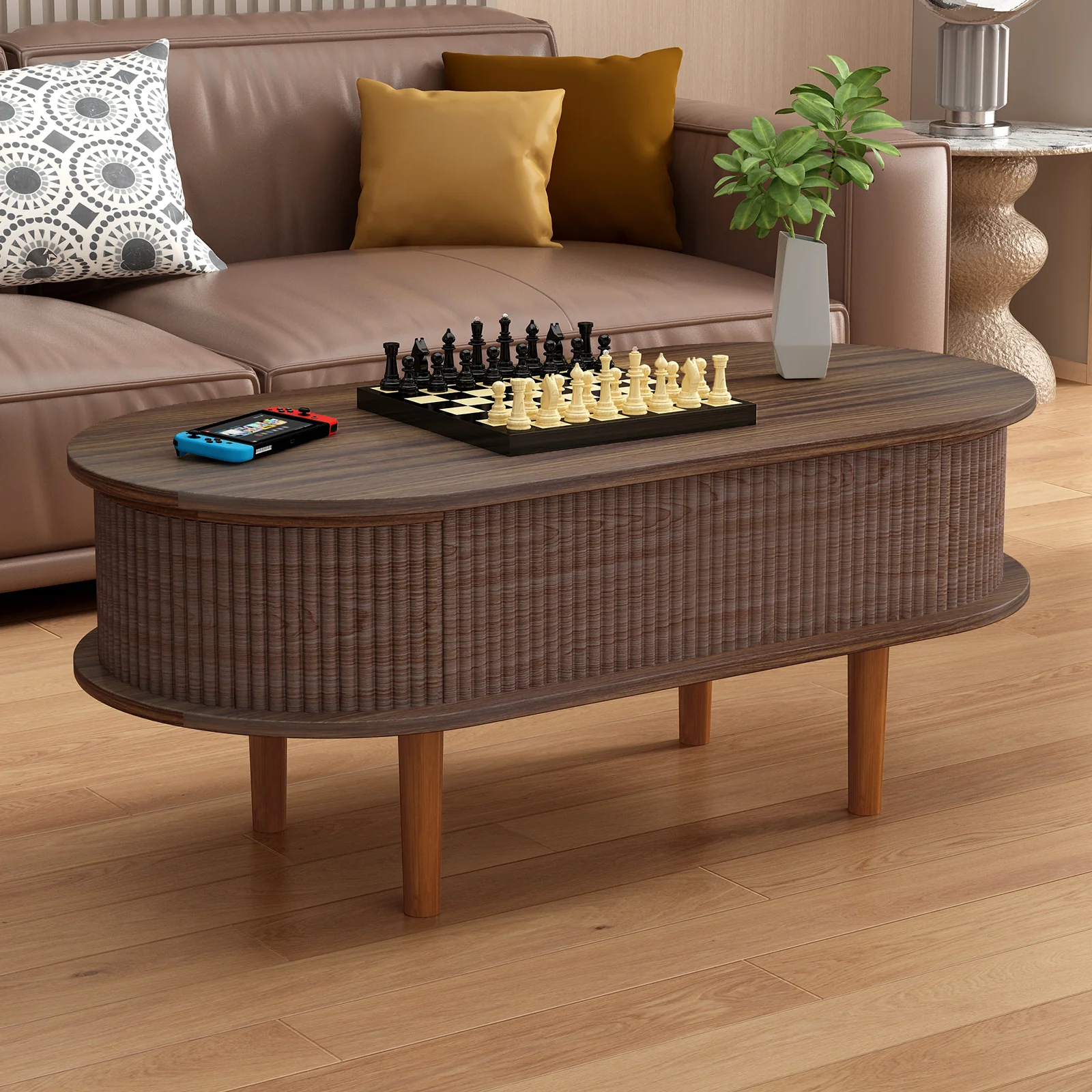 Fluted Modern Oval Lift Top Coffee Table with Hidden Compartment - Image 22
