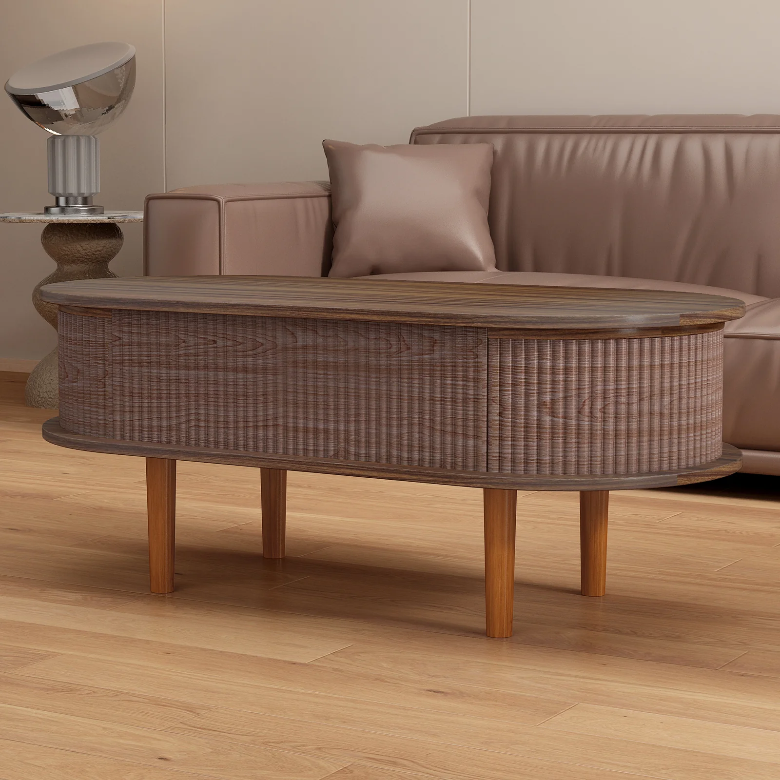 Fluted Modern Oval Lift Top Coffee Table with Hidden Compartment - Image 3