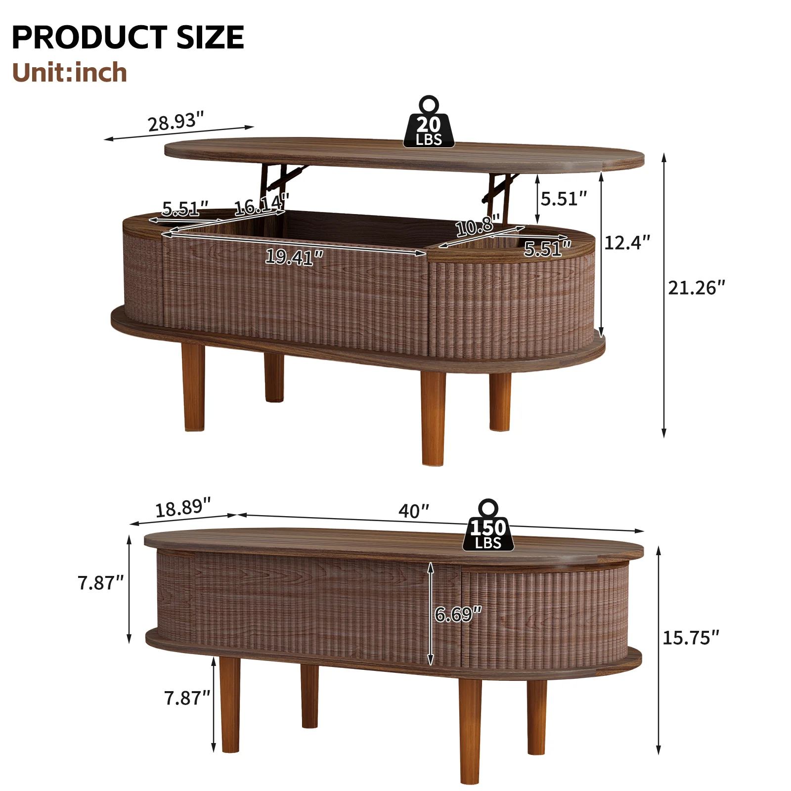 Fluted Modern Oval Lift Top Coffee Table with Hidden Compartment - Image 5