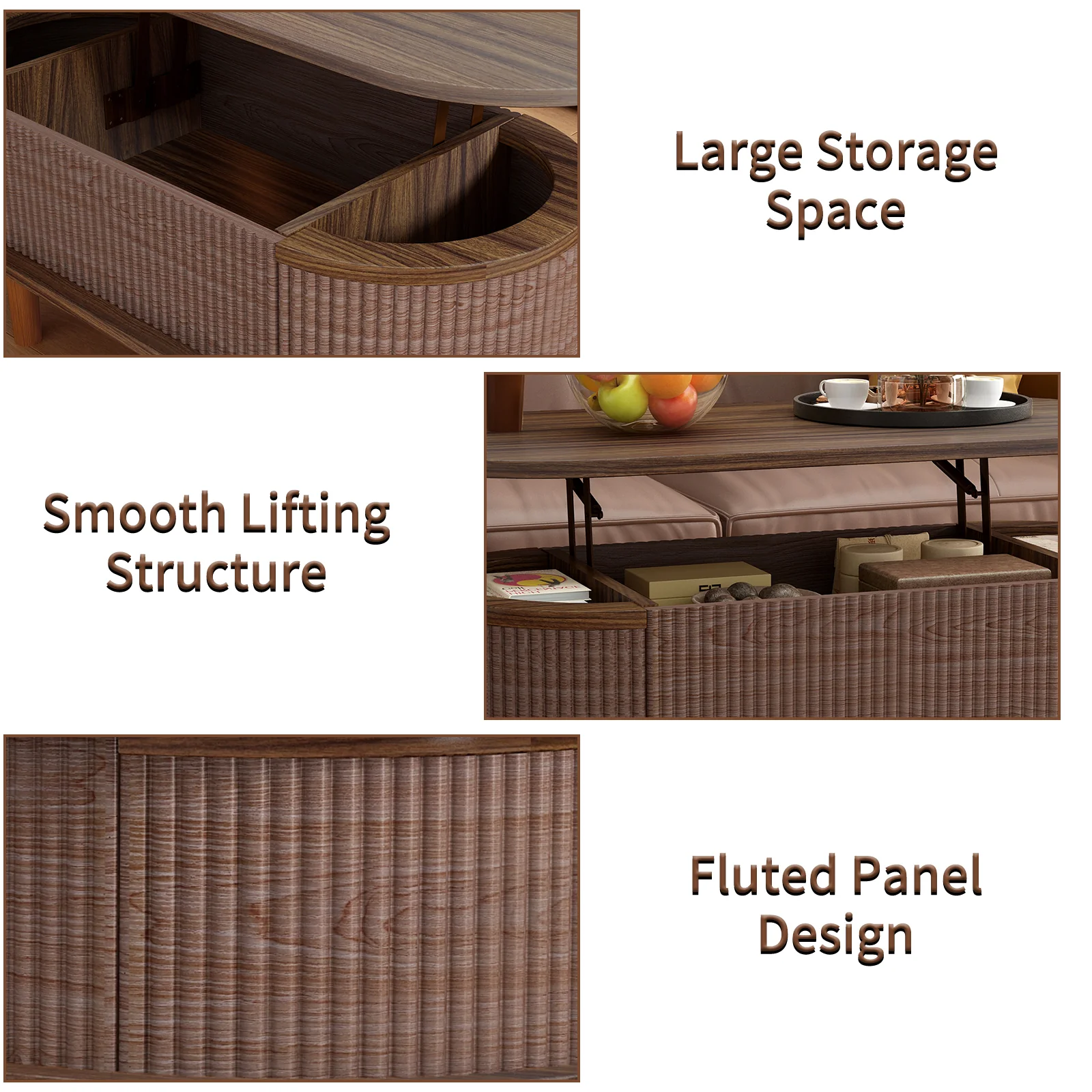 Fluted Modern Oval Lift Top Coffee Table with Hidden Compartment - Image 7