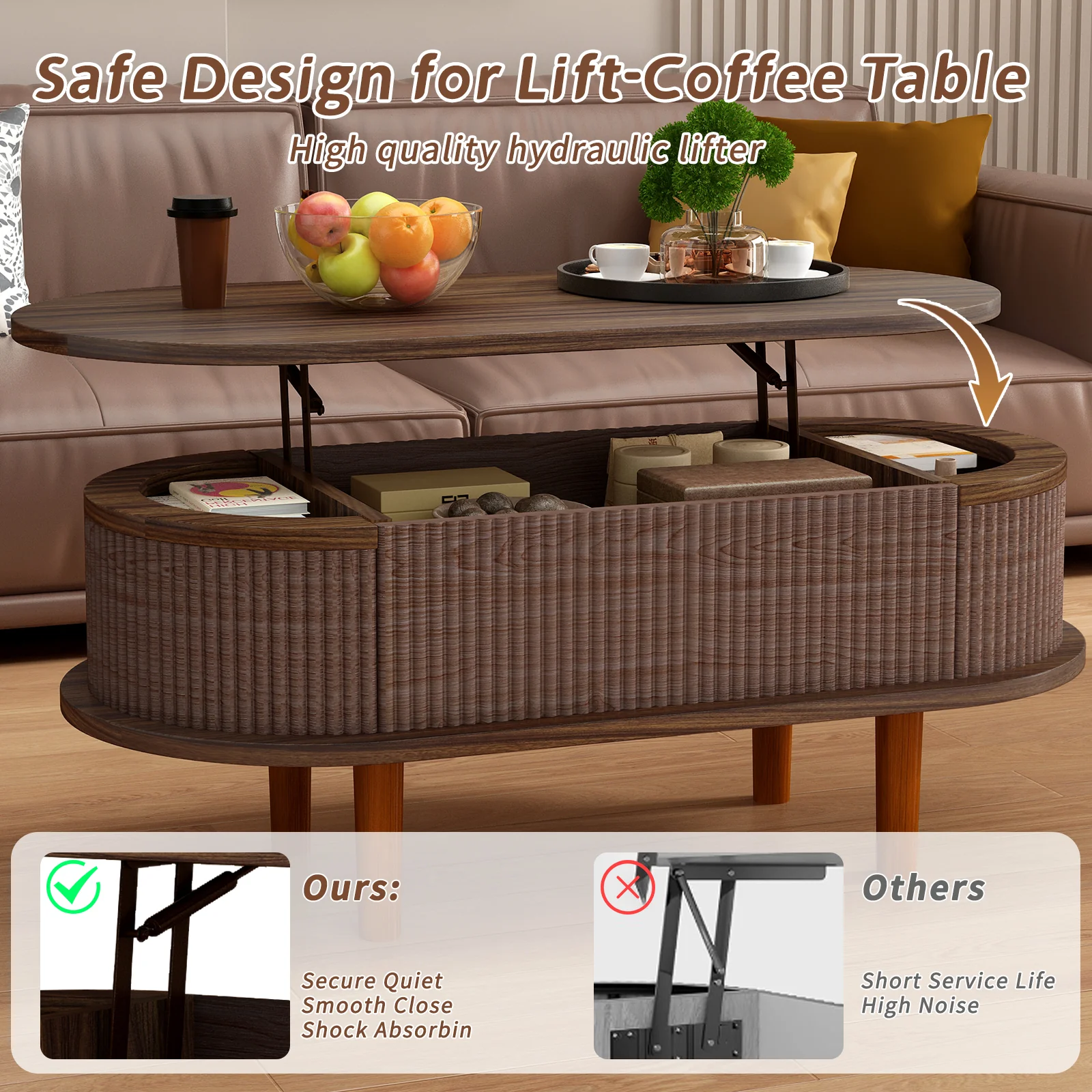Fluted Modern Oval Lift Top Coffee Table with Hidden Compartment - Image 8