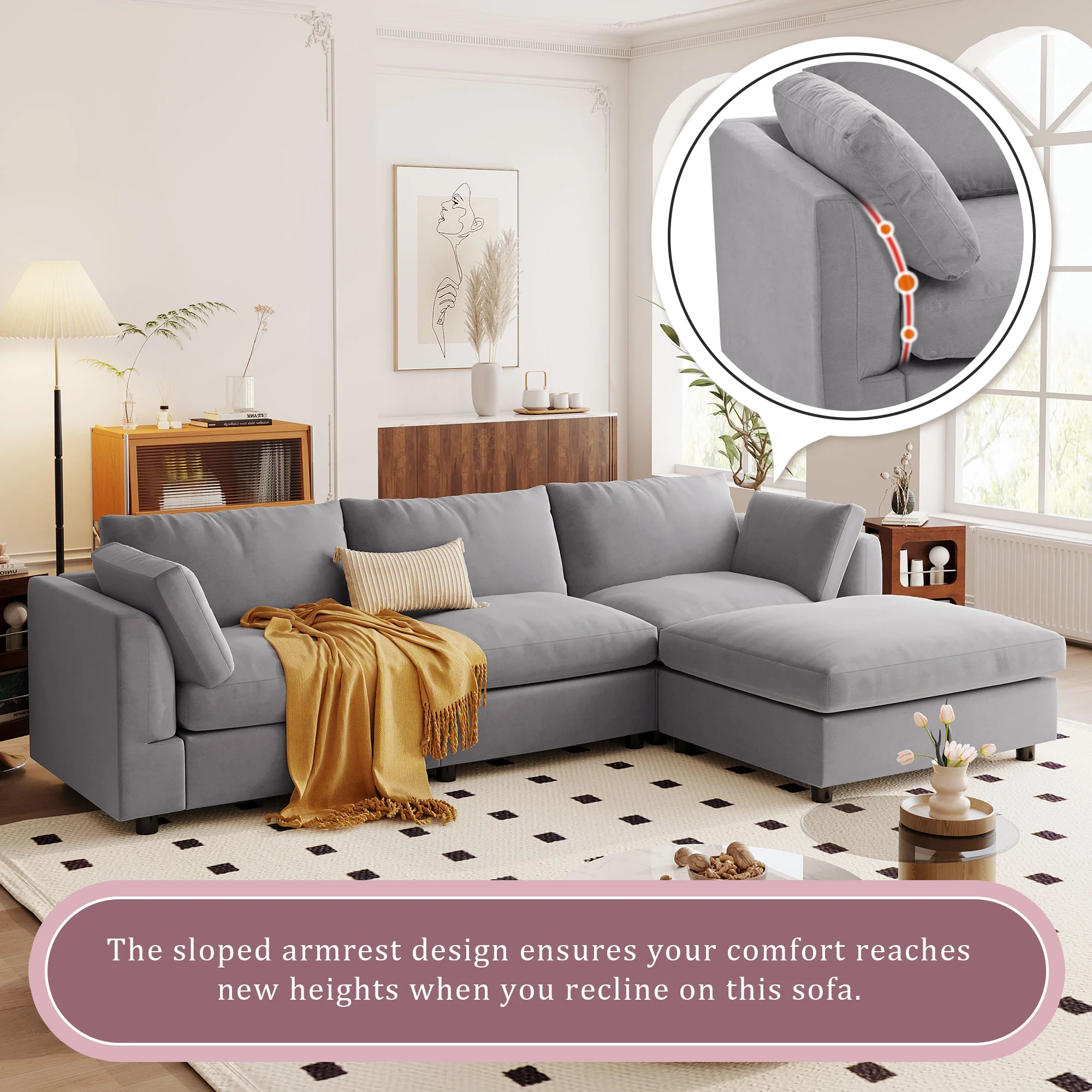Walker Edison | Grey Convertible Sectional Sofa with Reversible Chaise - Image 4