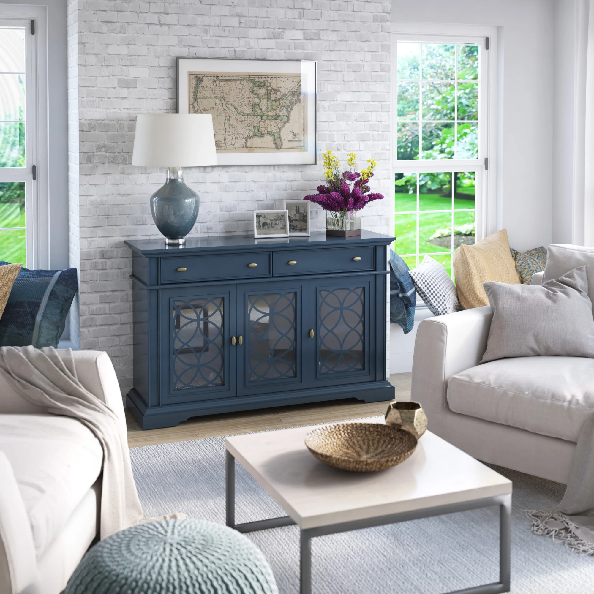 Farmhouse Traditional 52" Buffet Sideboard with Accented Glass-Front Doors