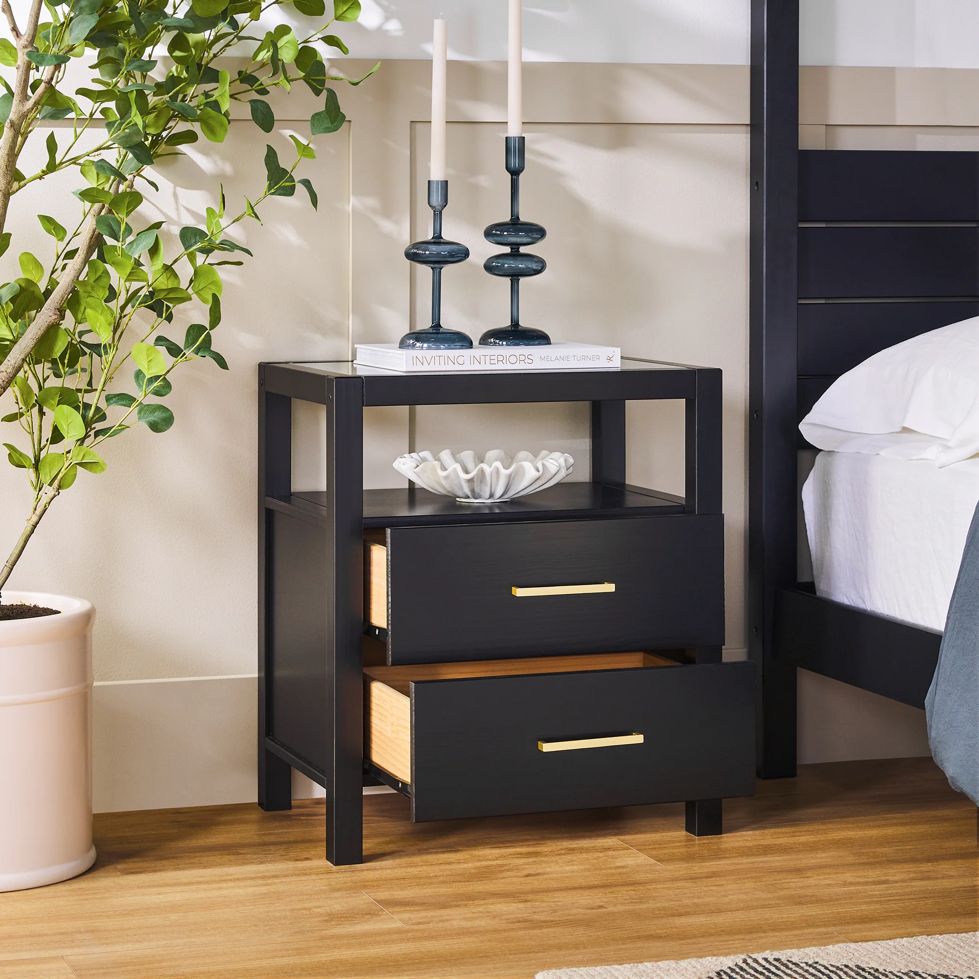 Isla Modern Easy Assembly Solid Wood 2-Drawer Nightstand Side Table with Glass Top - Image 6