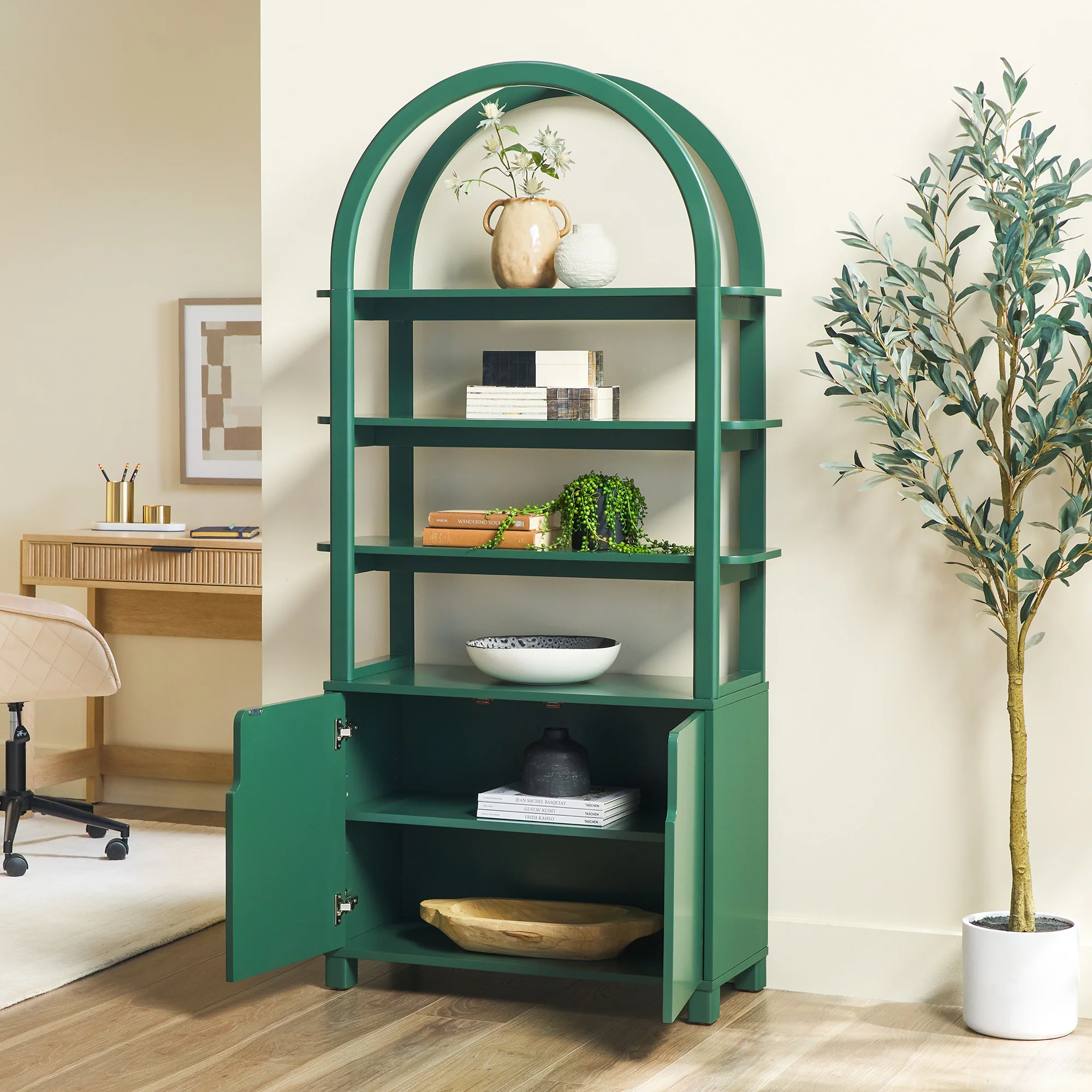 Zoey Modern Arched Wood Cabinet Storage Bookcase - Image 18