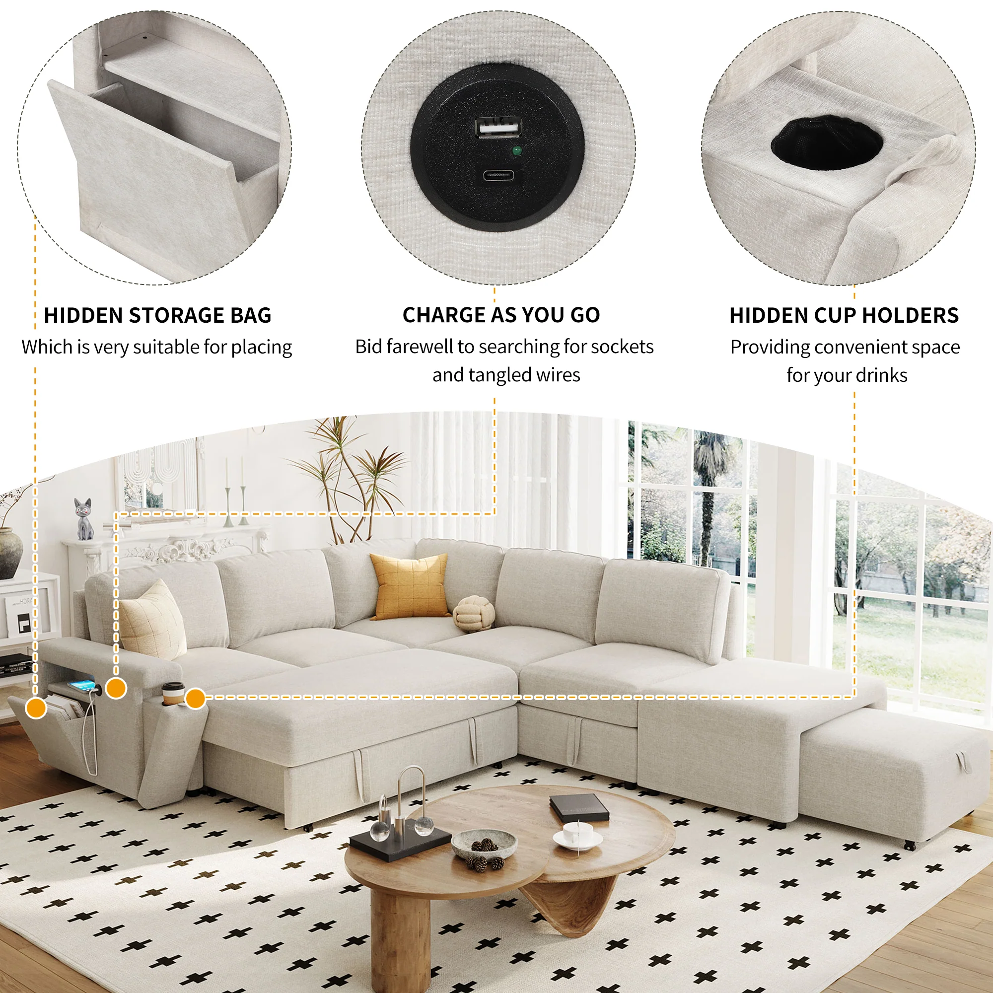 Walker Edison | L-Shaped Modular Sectional Sofa with Storage and USB Ports - Image 23