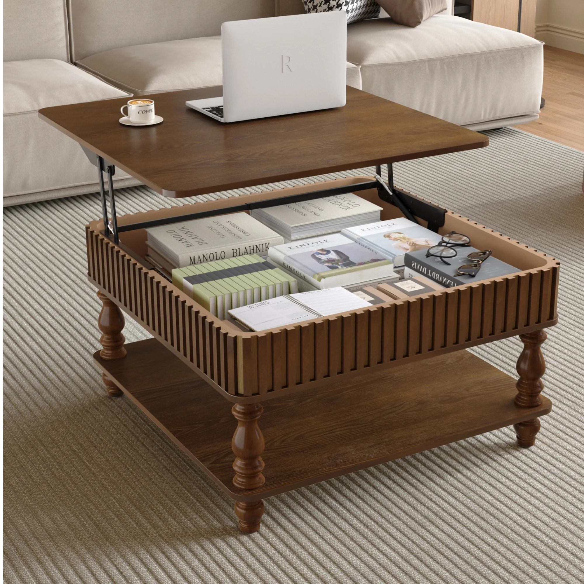 Walker Edison | Lift-Top Elevated Traditional Fluted Coffee Table - Image 2