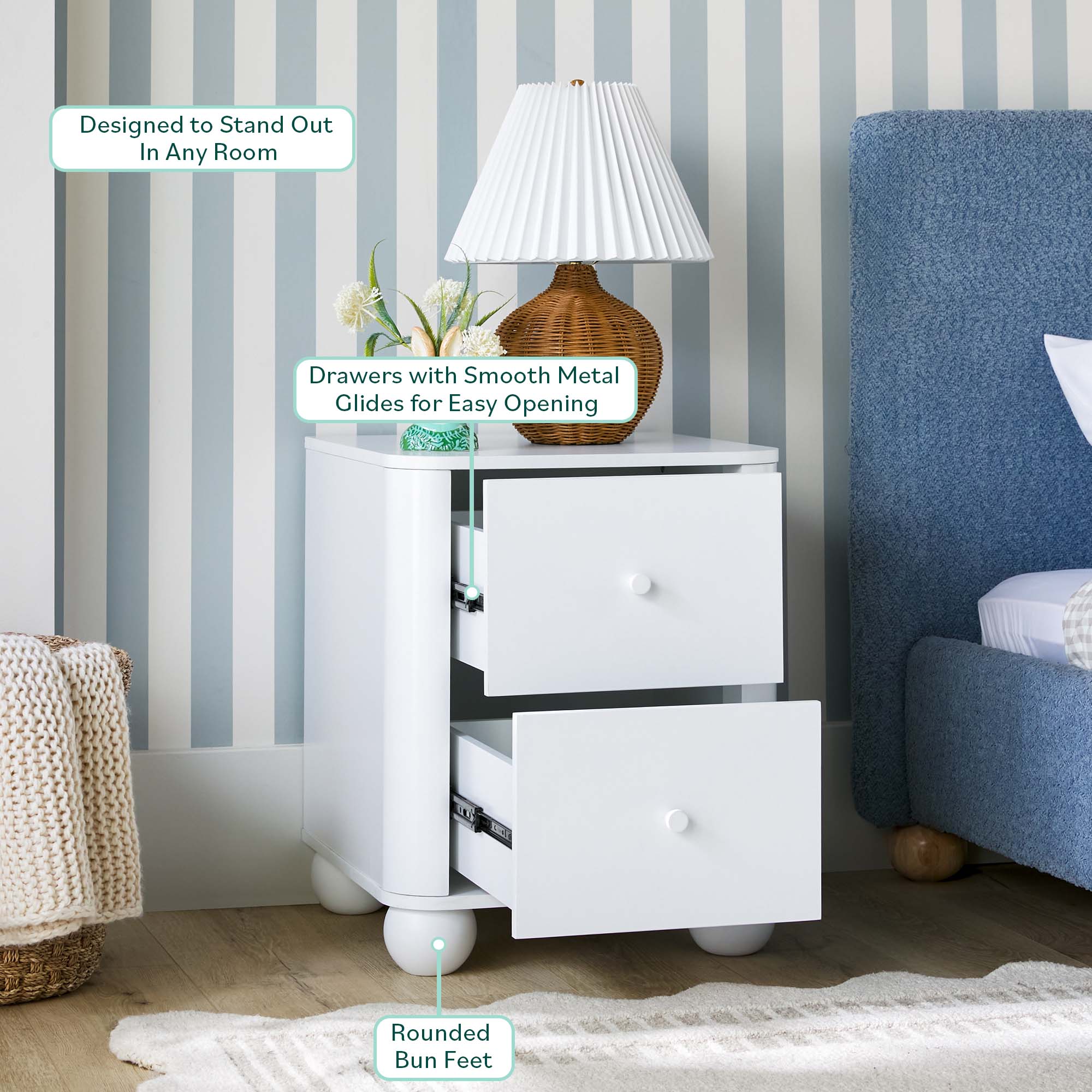 Linley Modern Curve Wood 2 Drawer Nightstand with Round Feet - Image 11