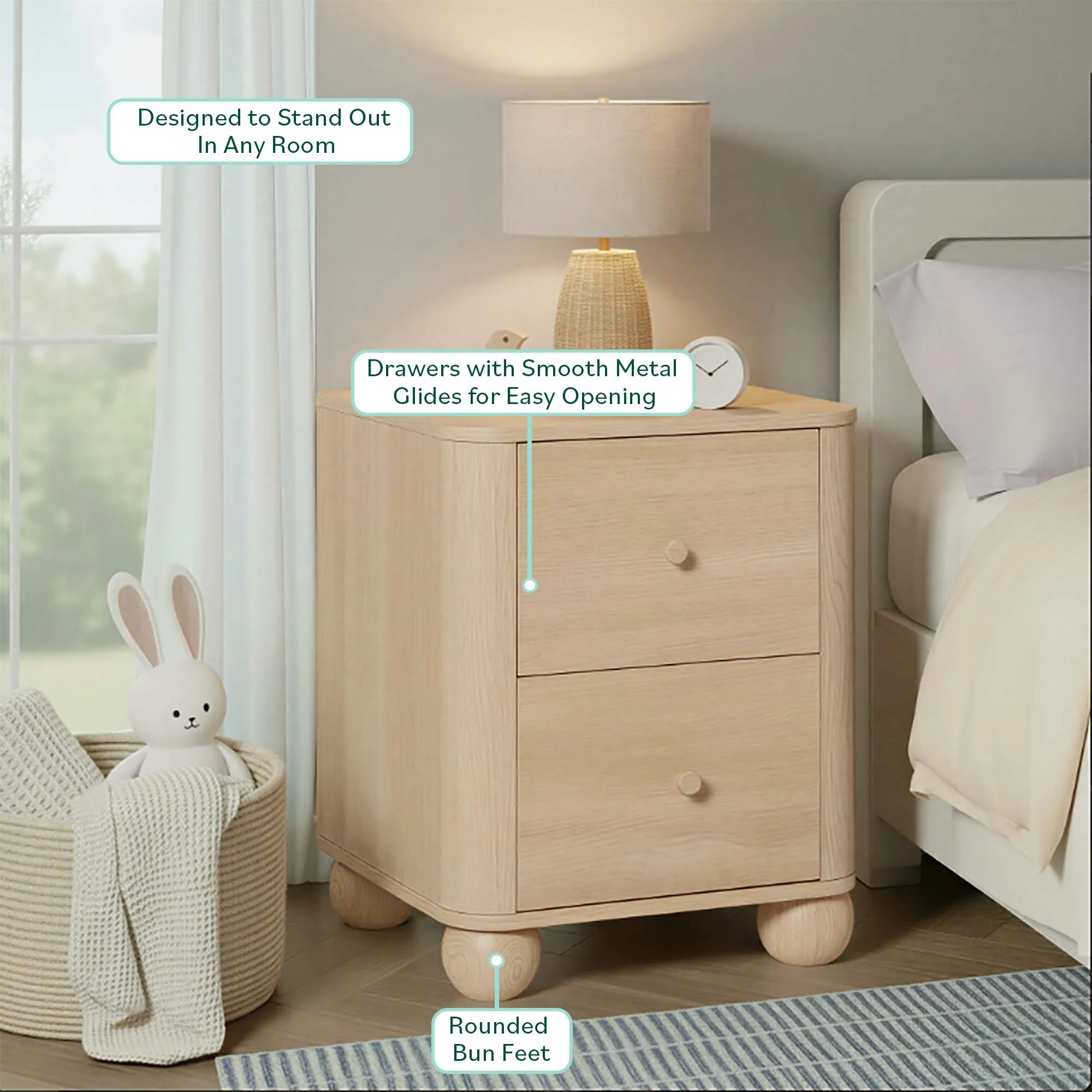 Linley Modern Curve Wood 2 Drawer Nightstand with Round Feet - Image 4