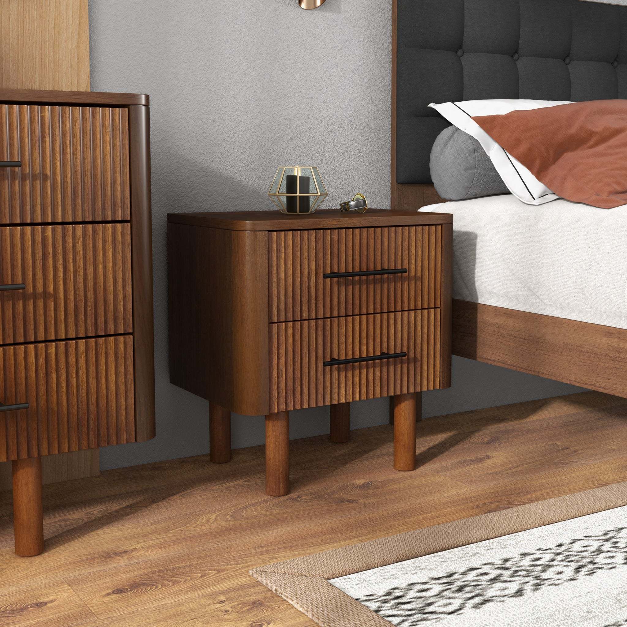 Logan Mid Century Modern Reeded Nightstand with 2 Drawers