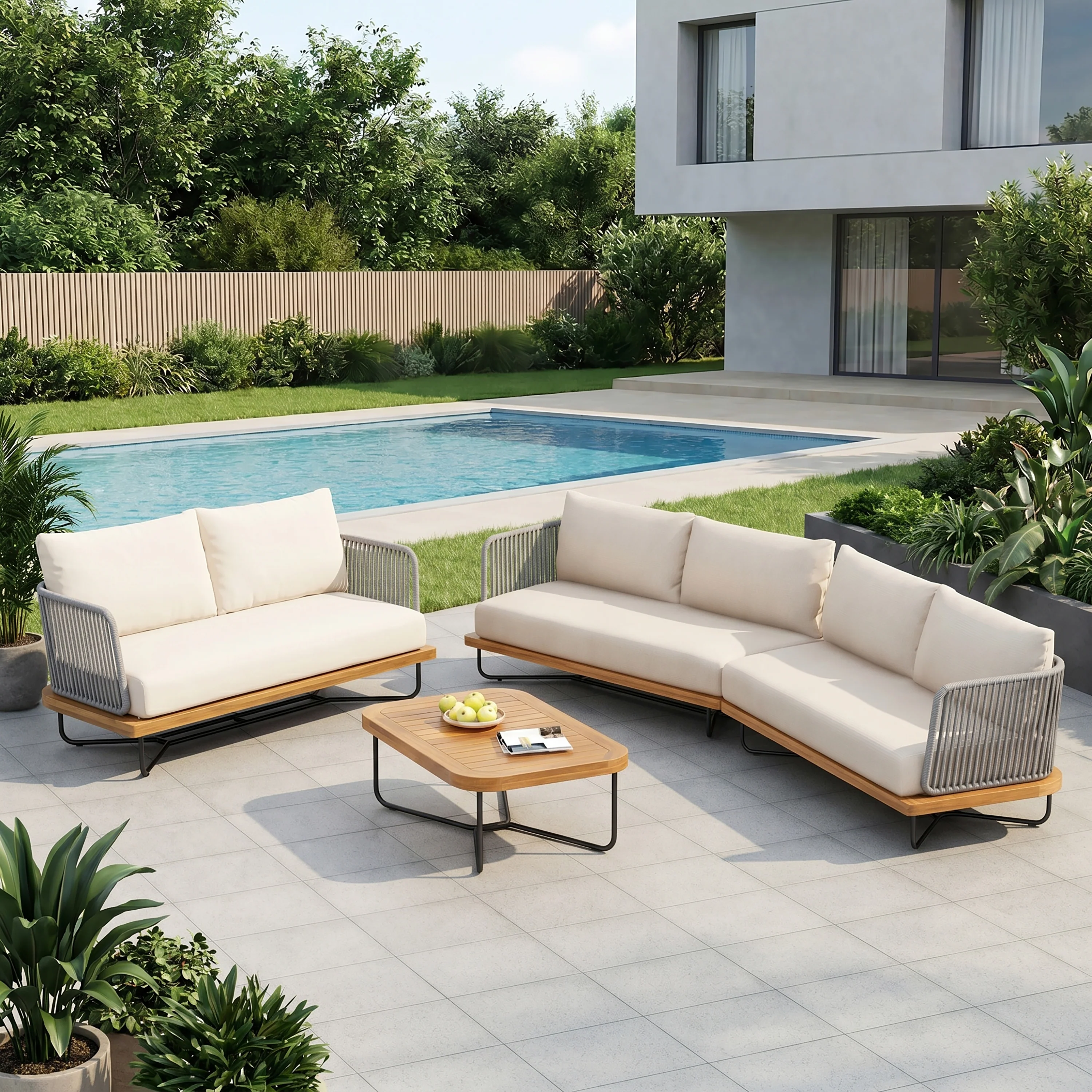 Lucca Acacia Wood and Rope Woven Outdoor Patio Sofa Loveseat Set