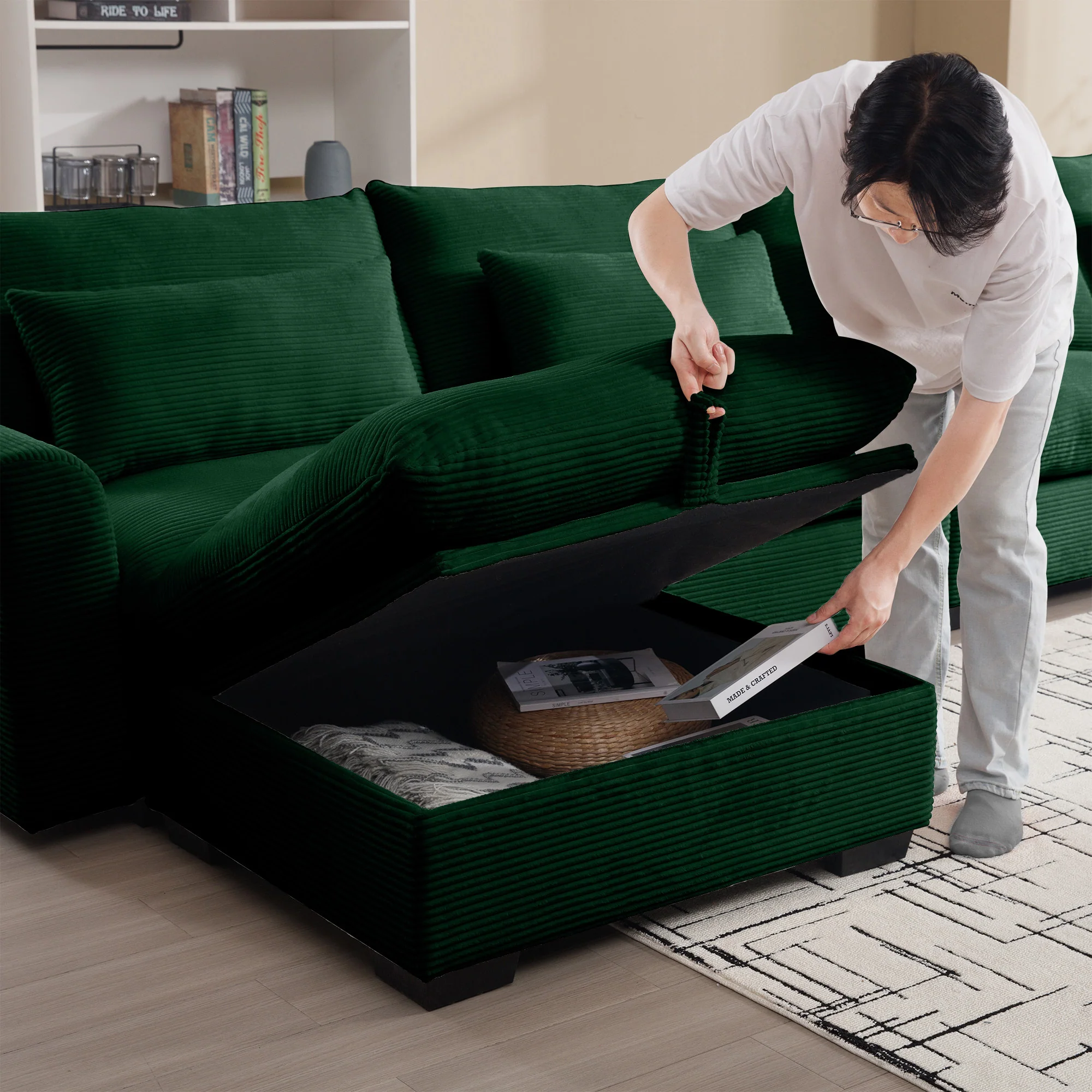 Walker Edison | Lux Green Corduroy Cloud Modular Loveseat Couch with Storage Ottoman - Image 11