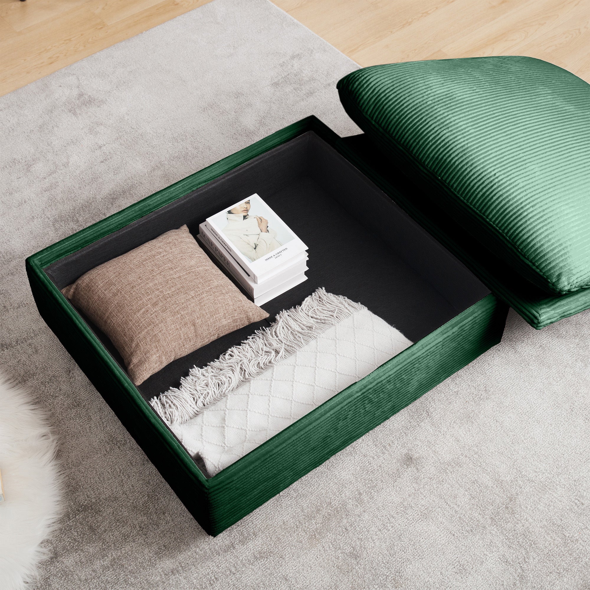 Walker Edison | Lux Green Corduroy Cloud Modular Loveseat Couch with Storage Ottoman - Image 12