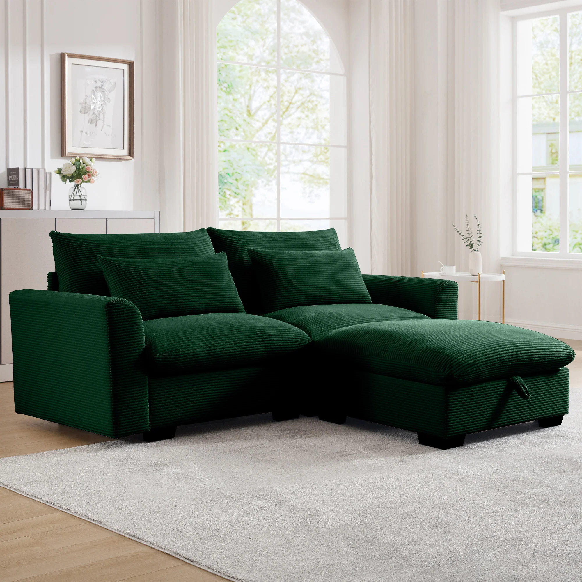 Walker Edison | Lux Green Corduroy Cloud Modular Loveseat Couch with Storage Ottoman - Image 2