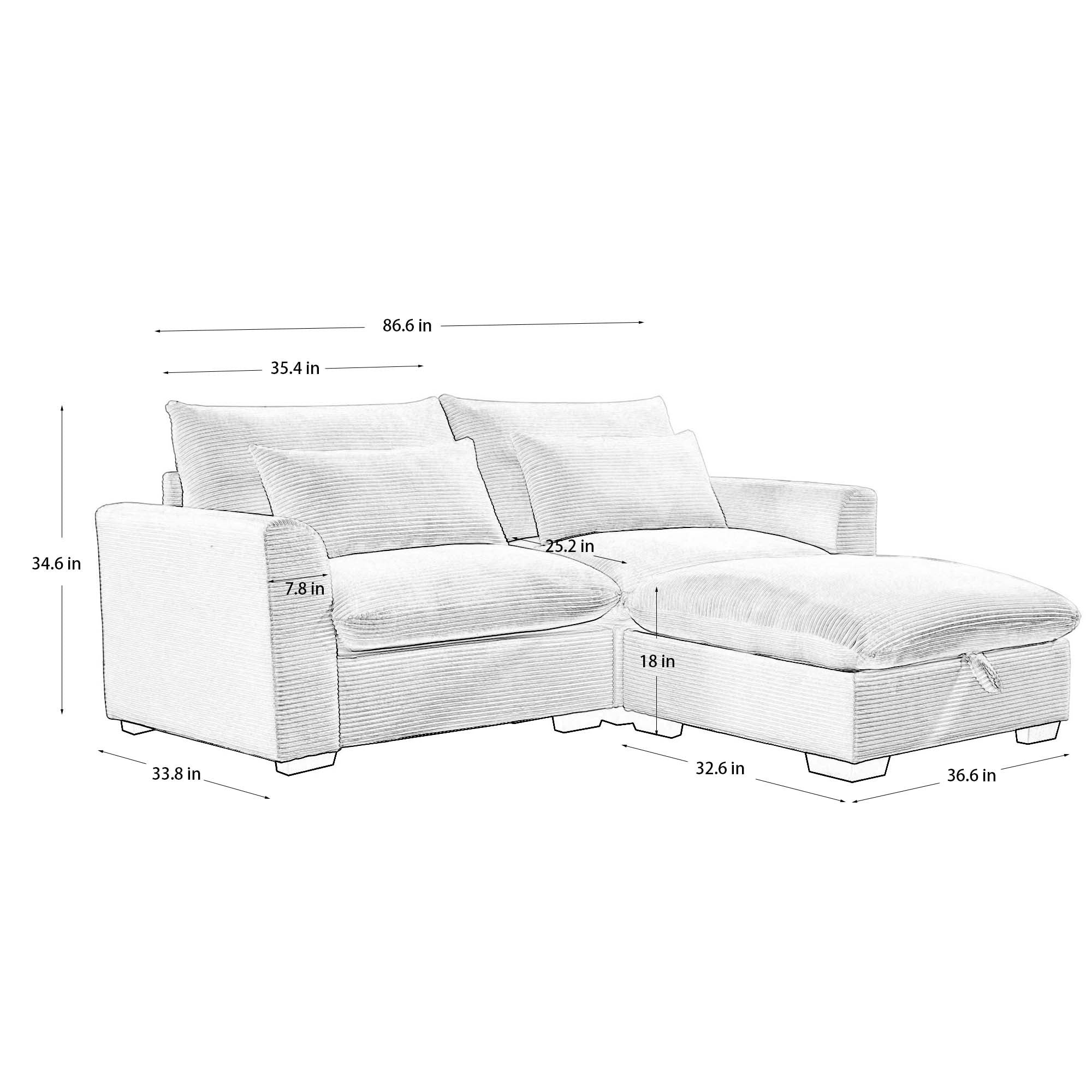 Walker Edison | Lux Green Corduroy Cloud Modular Loveseat Couch with Storage Ottoman - Image 5