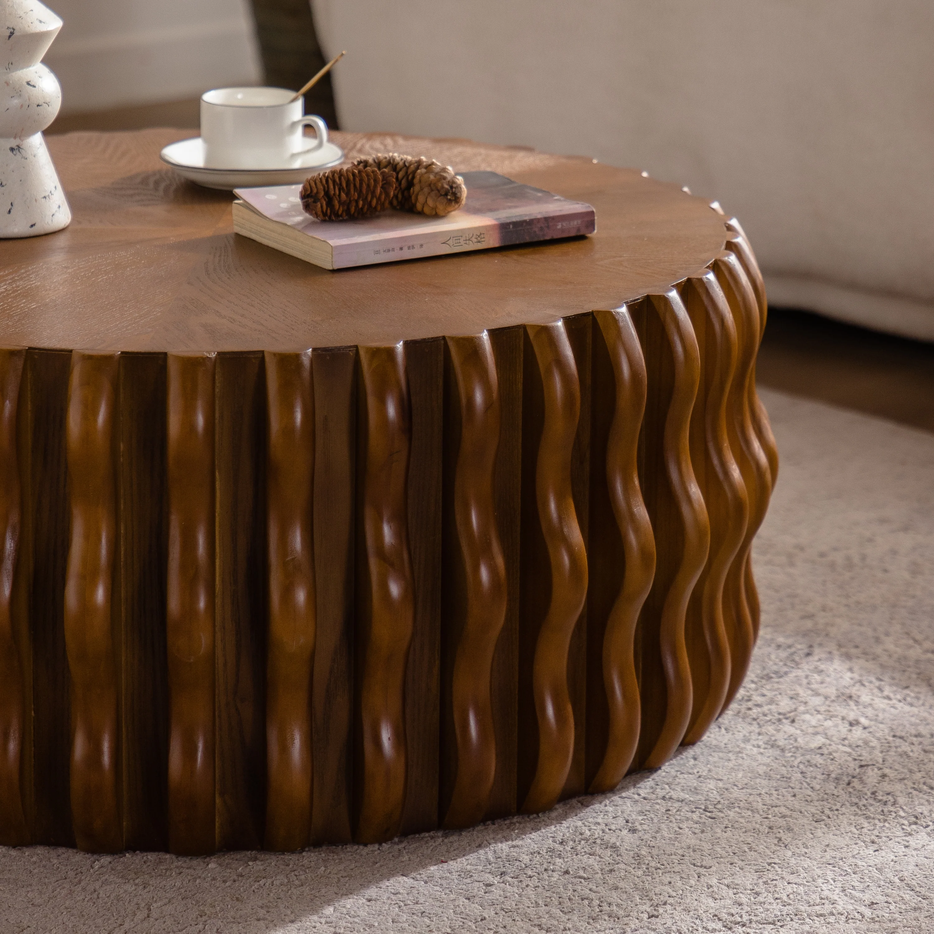 Walker Edison | Mid Century Drum Fluted Modern Round Coffee Table - Image 3