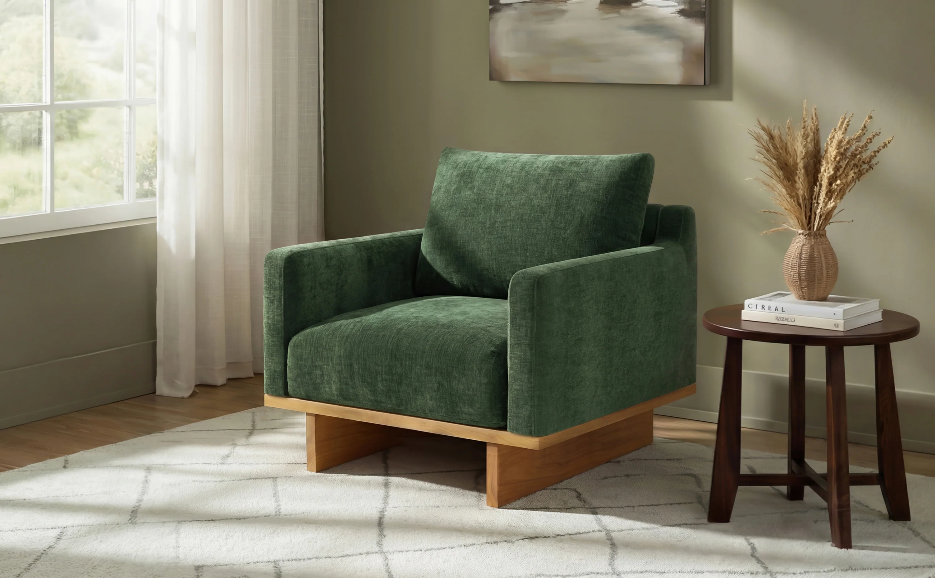 Mid-Century Modern Minimalist Green Accent Chair with Solid Wood Frame - Image 16