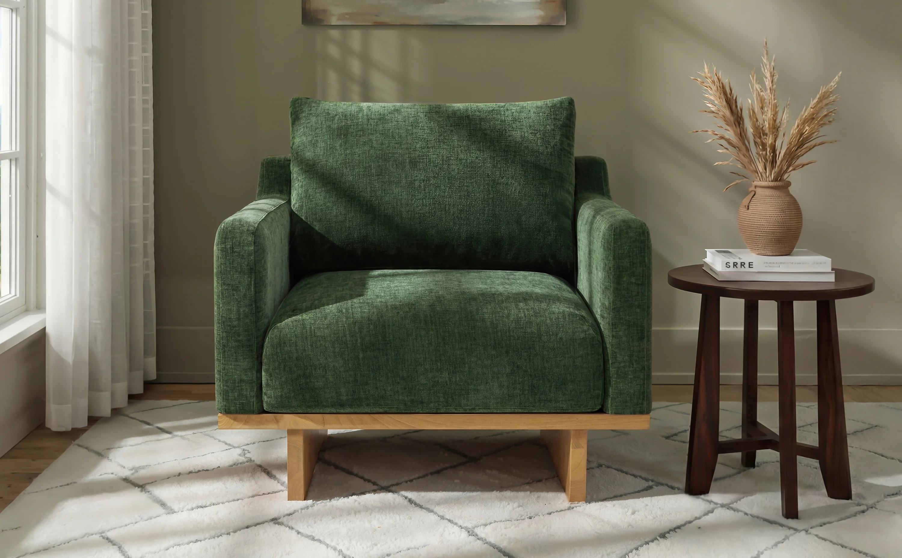 Mid-Century Modern Minimalist Green Accent Chair with Solid Wood Frame - Image 17