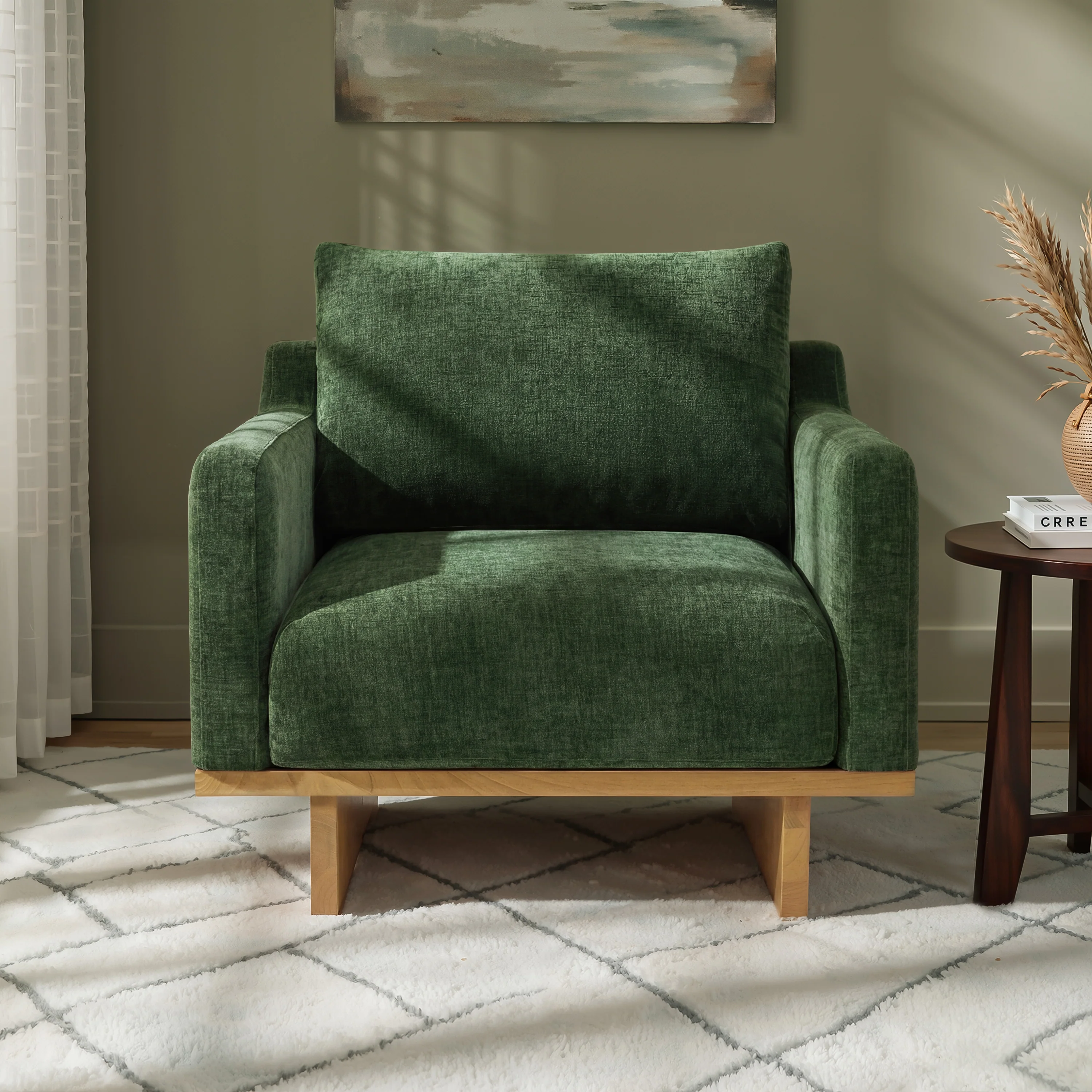 Mid-Century Modern Minimalist Green Accent Chair with Solid Wood Frame - Image 2