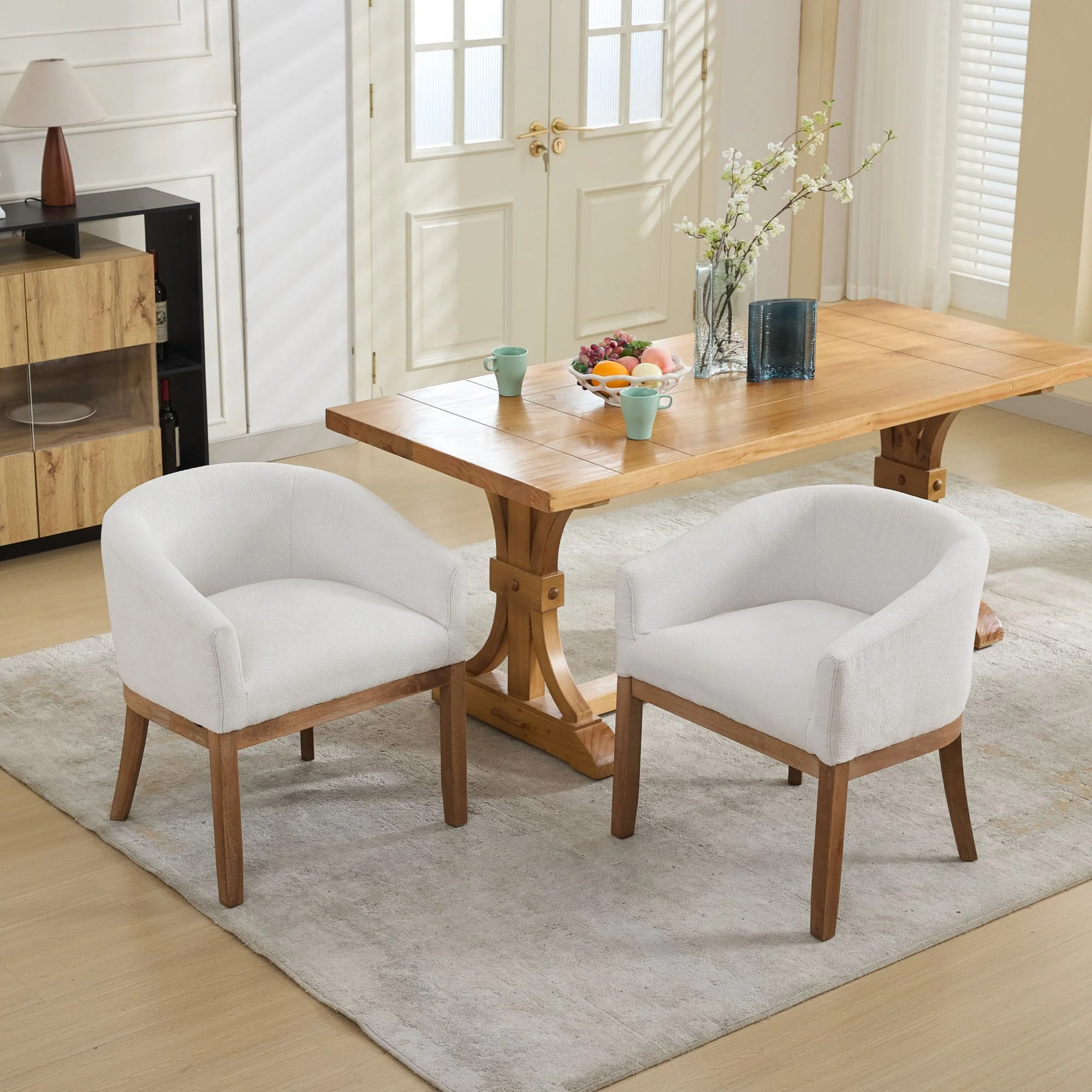 Mid Century Modern Upholstered Linen Barrel Dining Chairs - Image 16