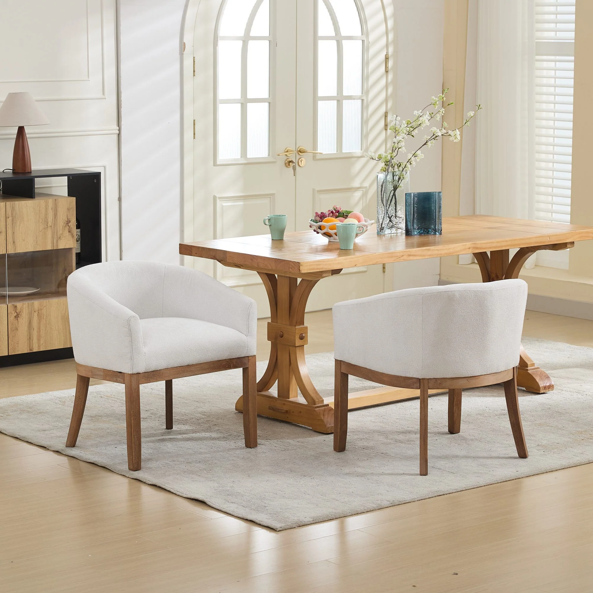 Mid Century Modern Upholstered Linen Barrel Dining Chairs - Image 17