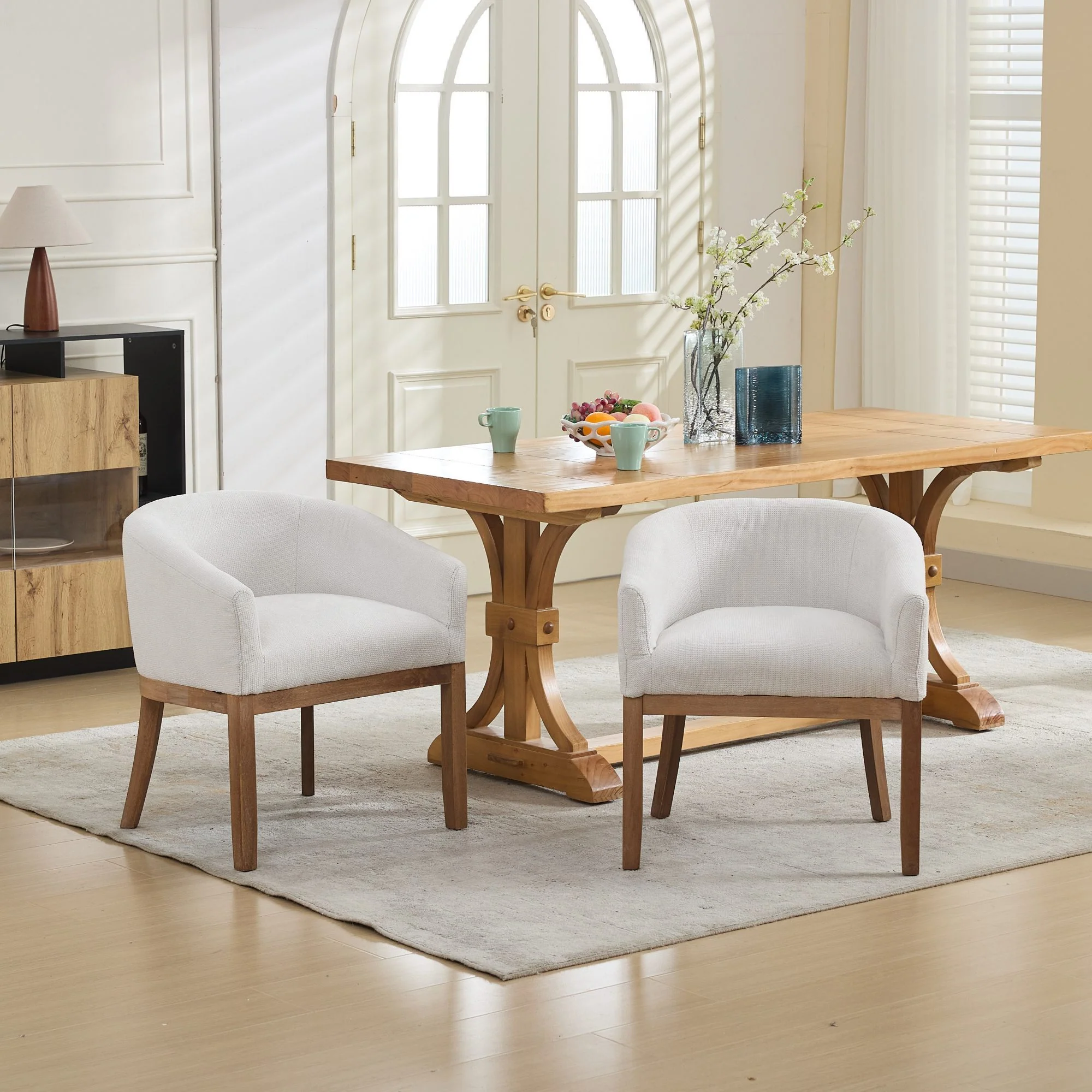 Mid Century Modern Upholstered Linen Barrel Dining Chairs - Image 18
