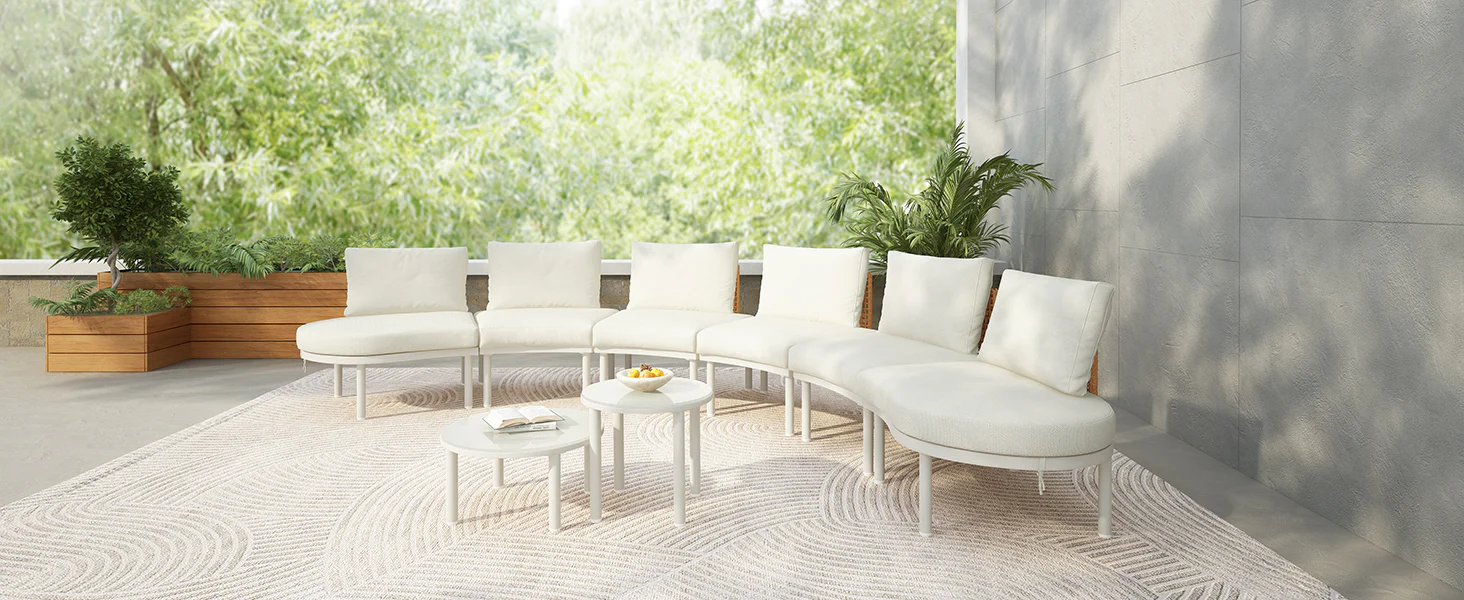 Walker Edison | Minimalist Half Moon Outdoor 8-Piece Modular Sofa Set with Nesting Tables - Image 24