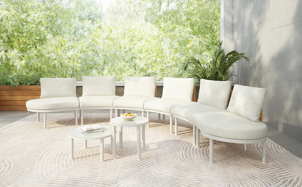 Walker Edison | Minimalist Half Moon Outdoor 8-Piece Modular Sofa Set with Nesting Tables - Image 25