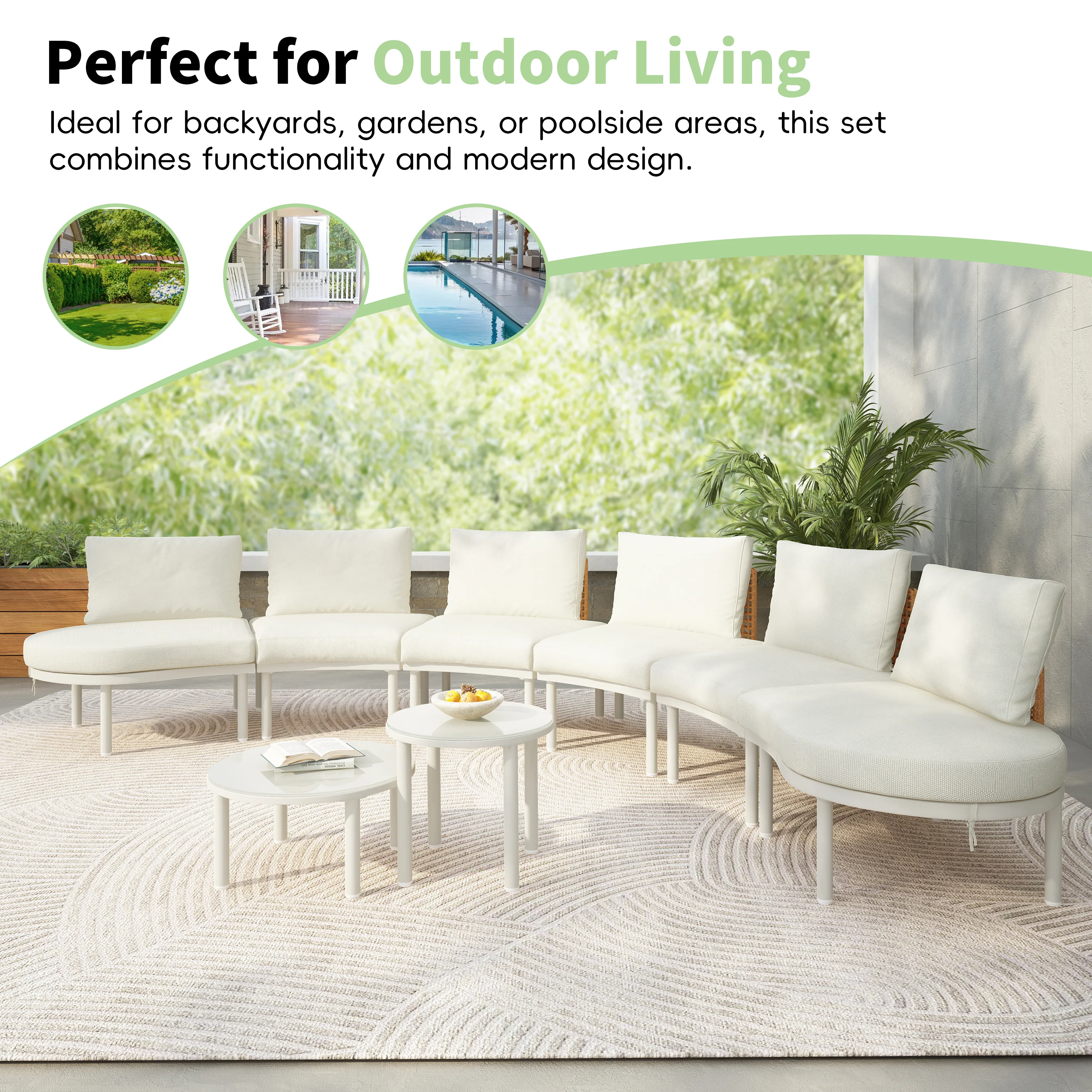 Walker Edison | Minimalist Half Moon Outdoor 8-Piece Modular Sofa Set with Nesting Tables - Image 3