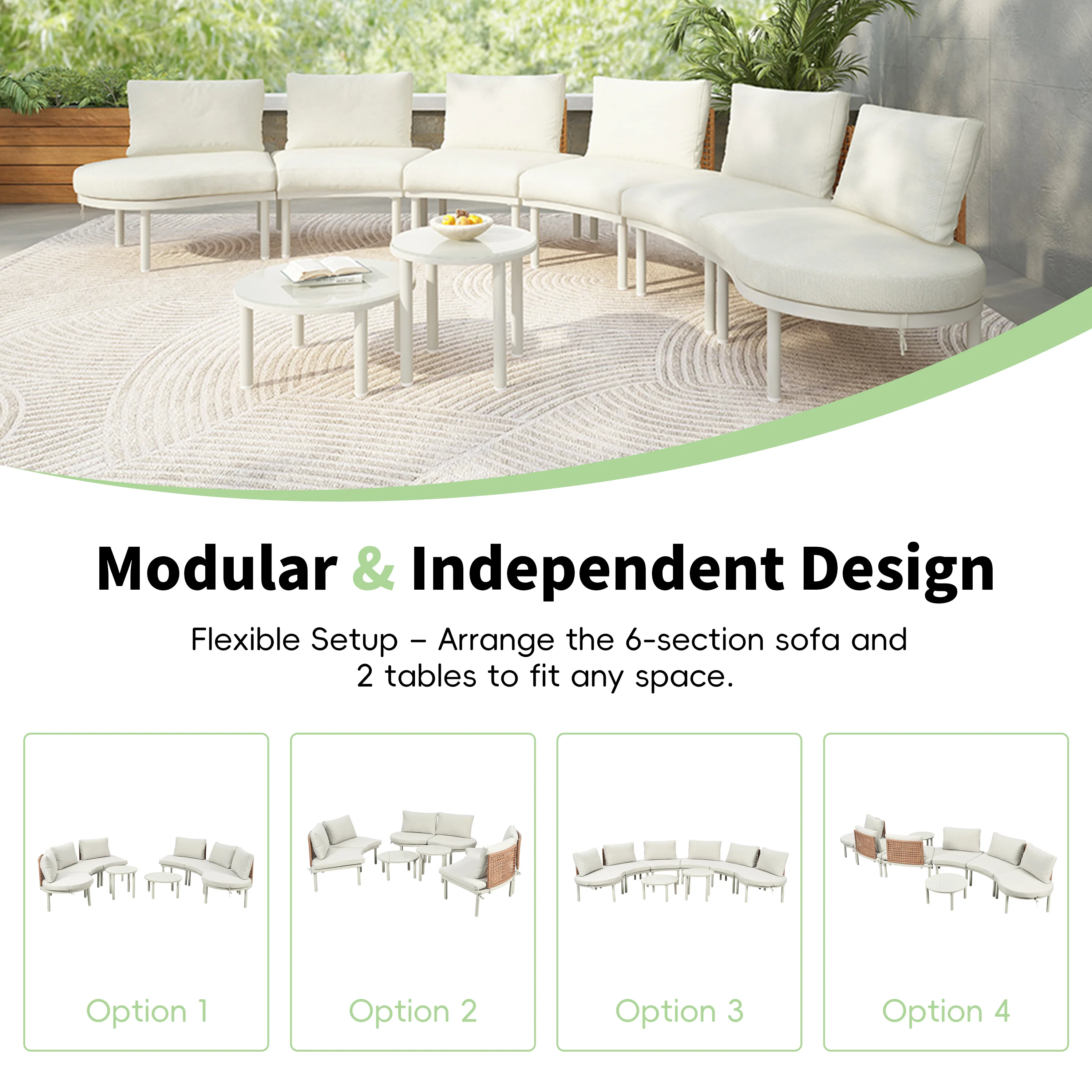 Walker Edison | Minimalist Half Moon Outdoor 8-Piece Modular Sofa Set with Nesting Tables - Image 4