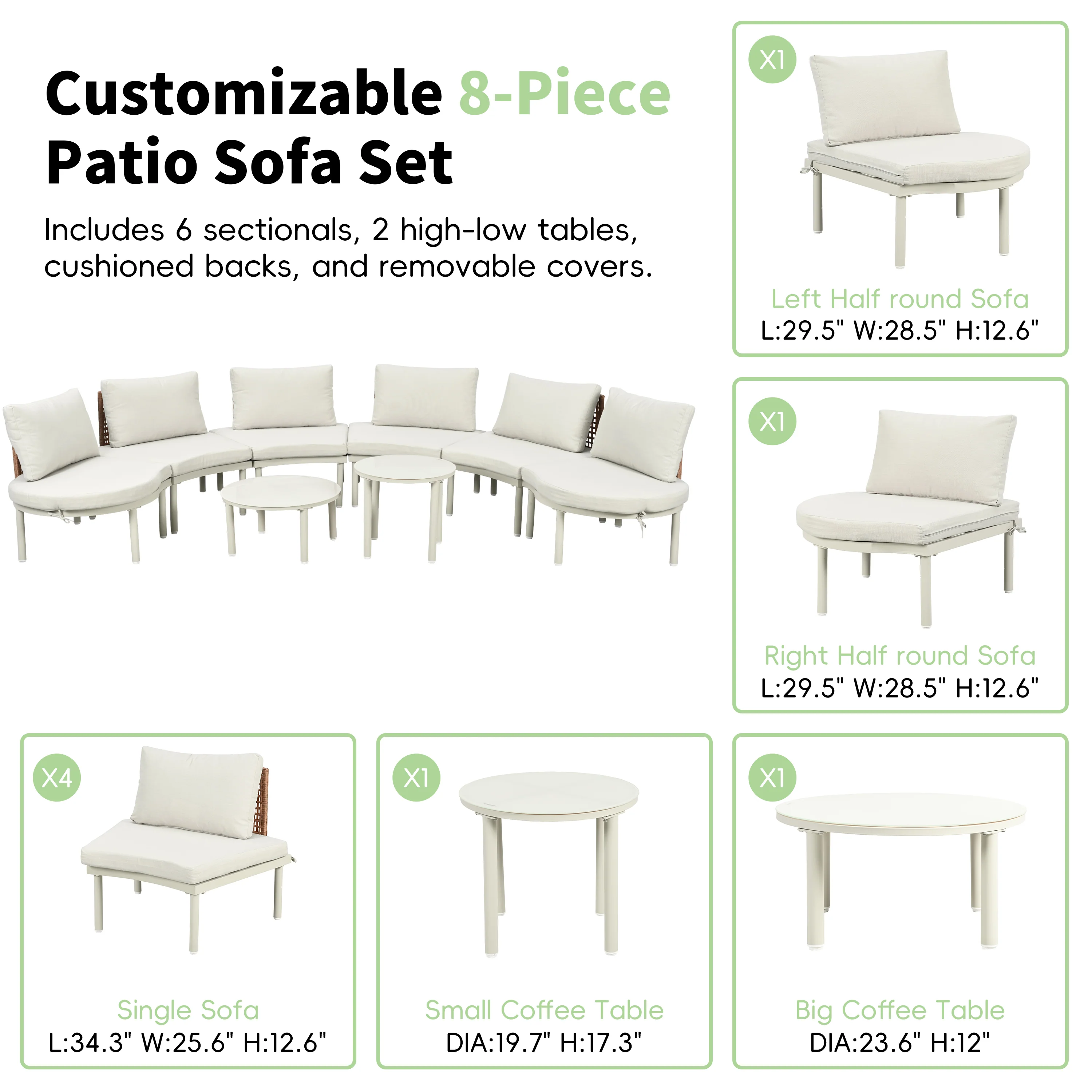 Walker Edison | Minimalist Half Moon Outdoor 8-Piece Modular Sofa Set with Nesting Tables - Image 5