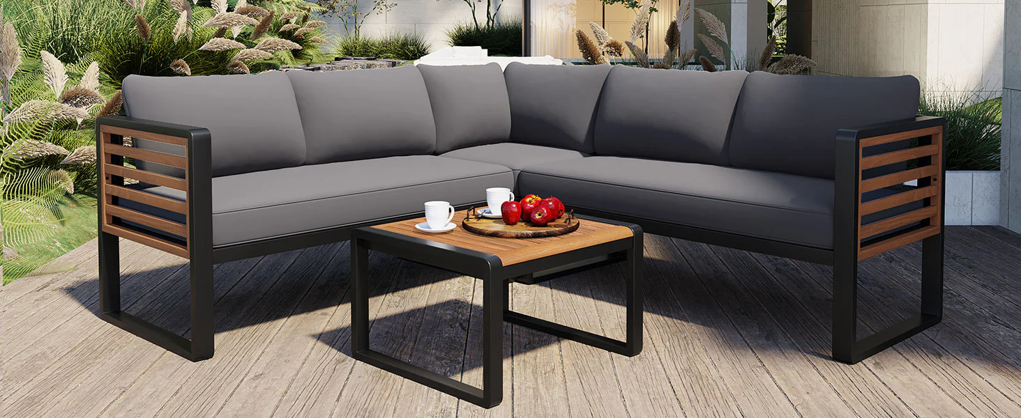 Minimalist Metal and Wood 4 Pieces Outdoor Patio L-Shape Sectional Couch with Coffee Table - Image 15