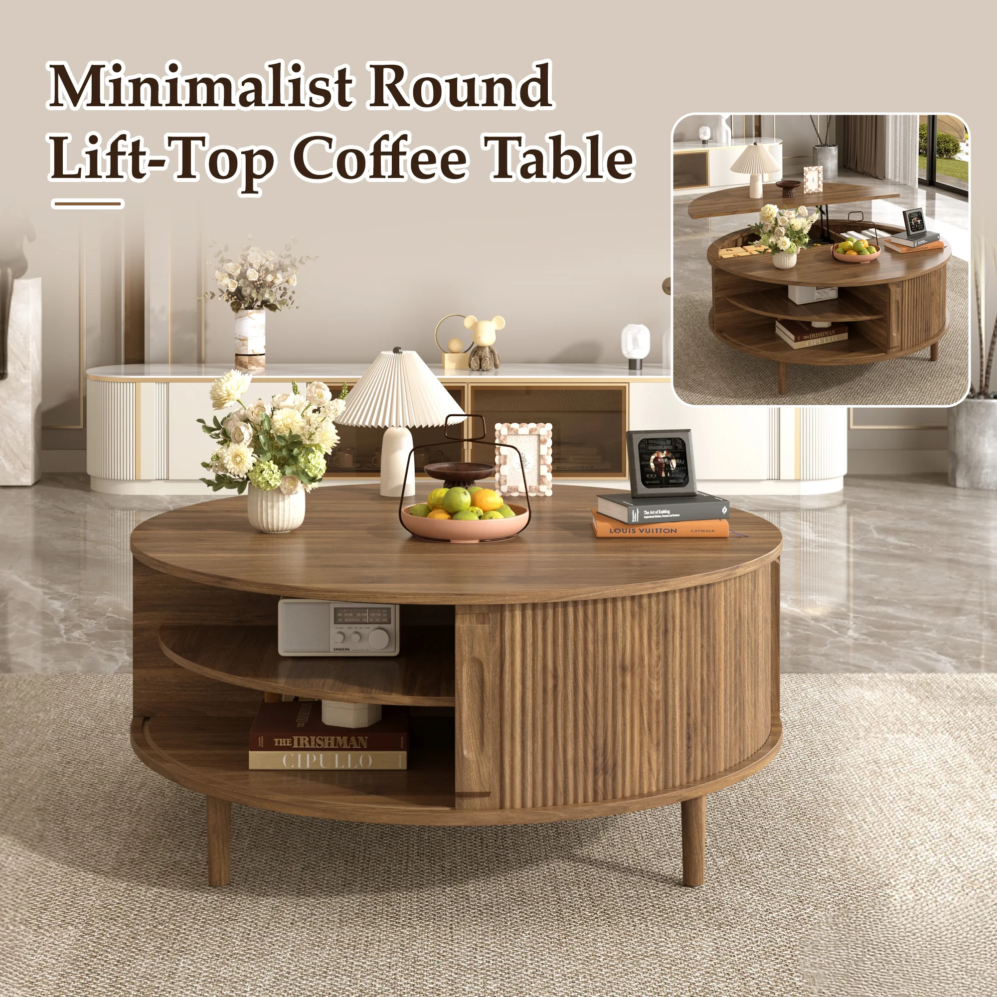 Minimalist Round Lift-Top Coffee Table with Hidden Storage - Image 2