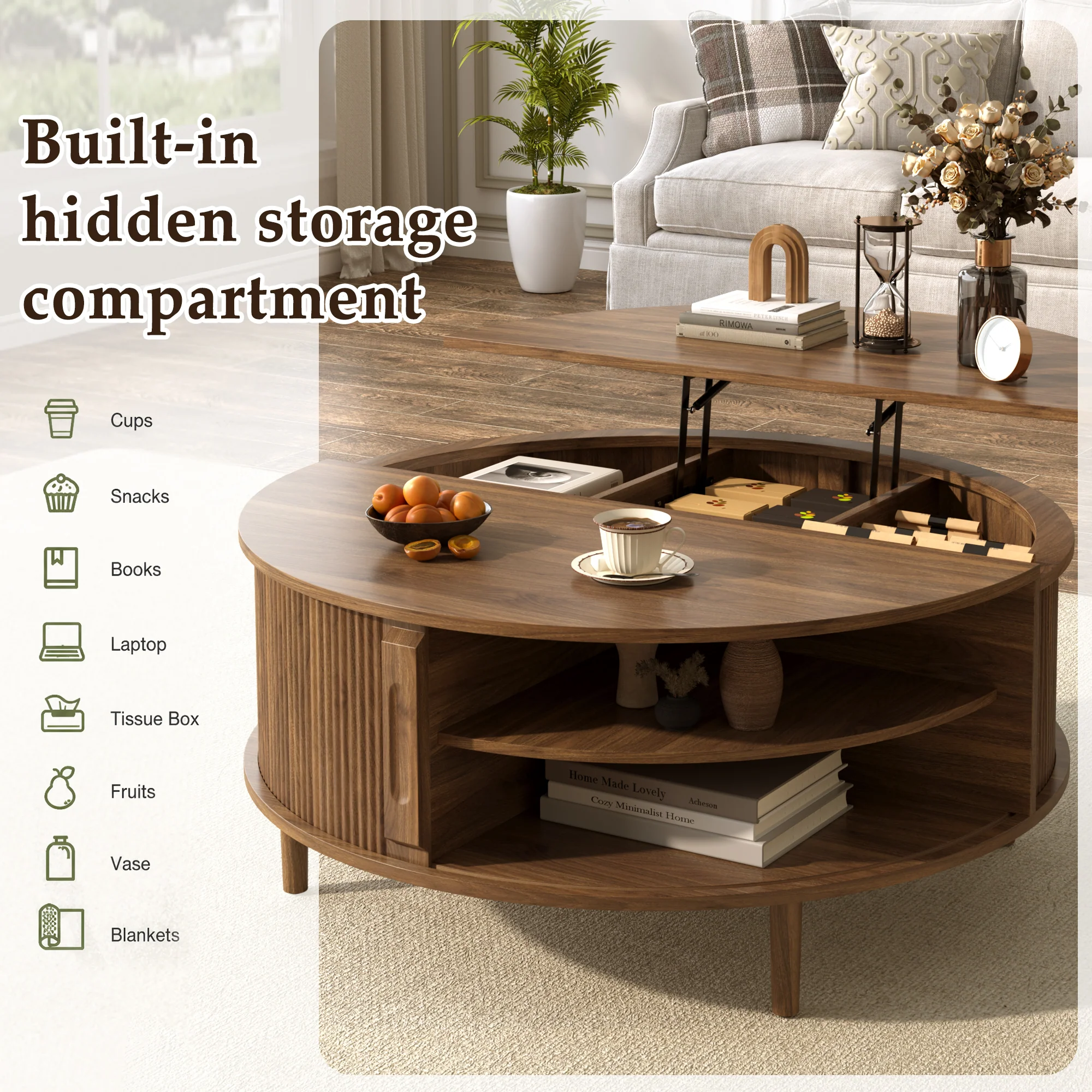 Minimalist Round Lift-Top Coffee Table with Hidden Storage - Image 9