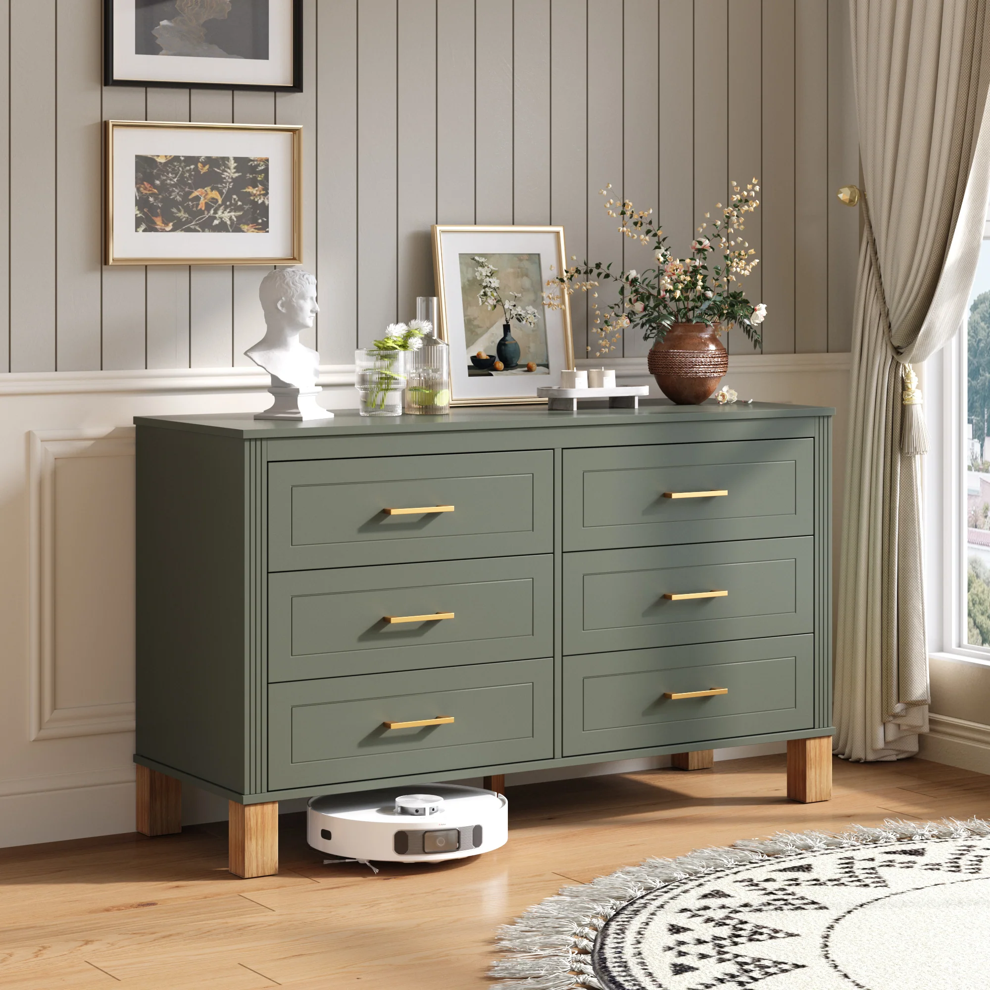 Modern 6-Drawer Dresser with Solid Wood Legs