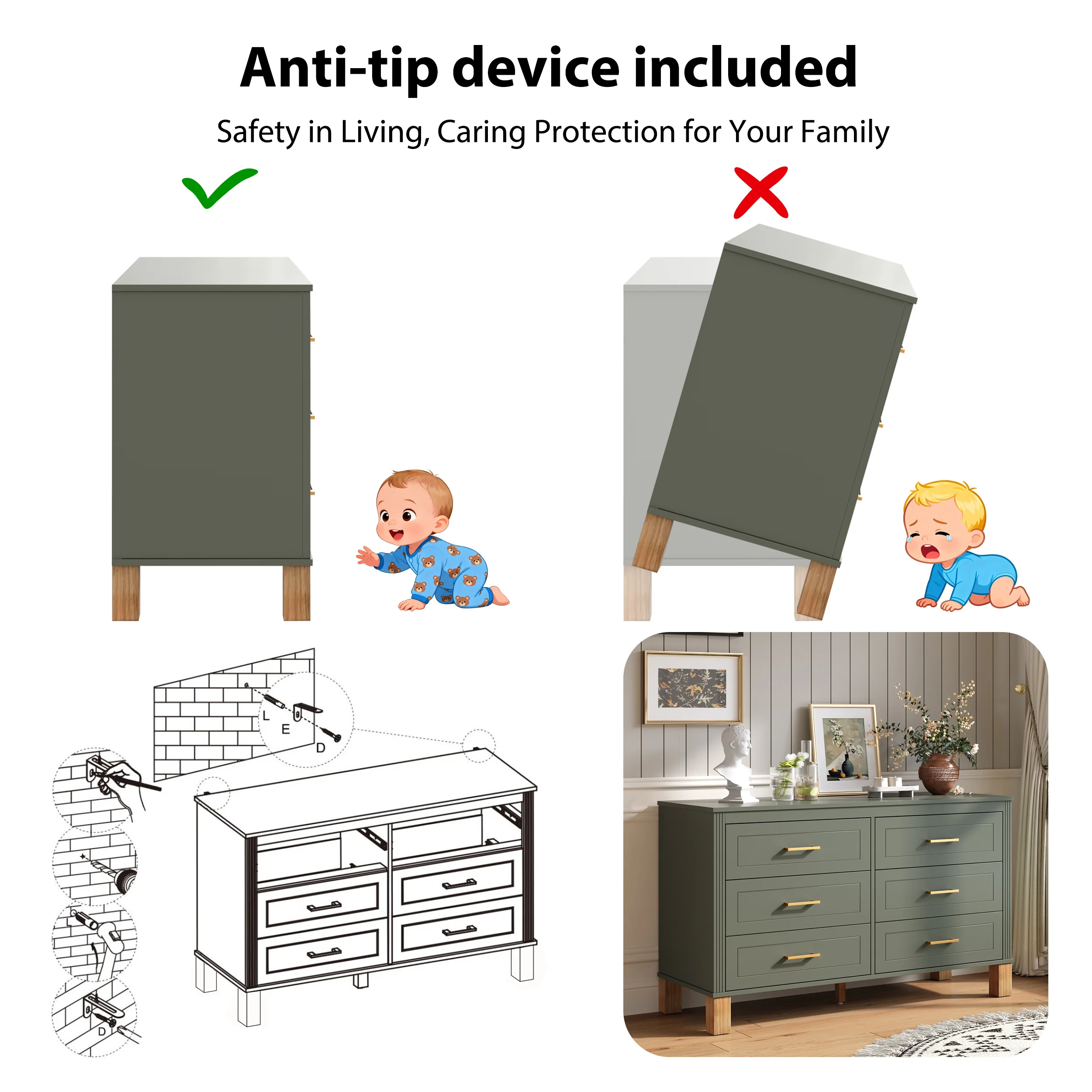 Modern 6-Drawer Dresser with Solid Wood Legs - Image 10
