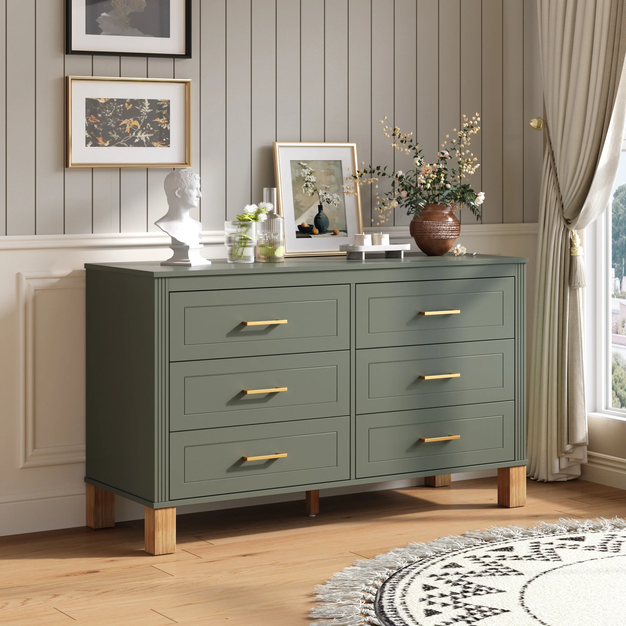 Modern 6-Drawer Dresser with Solid Wood Legs - Image 3