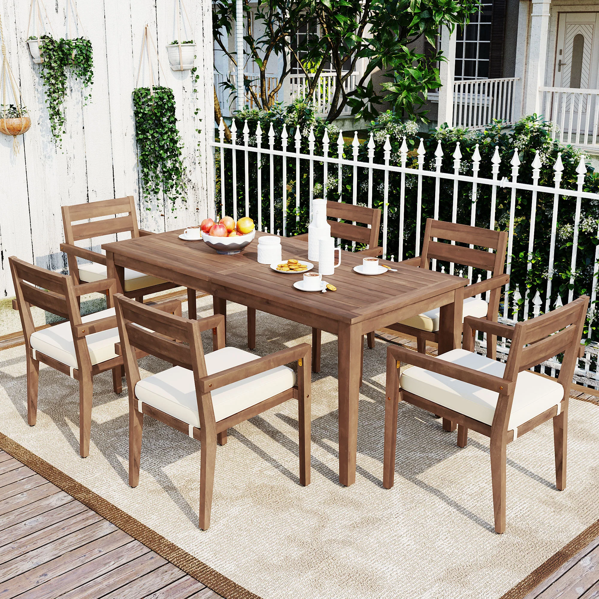 Modern 7 Pieces Acacia Wood Outdoor Full Dining Set with Chair Cushions