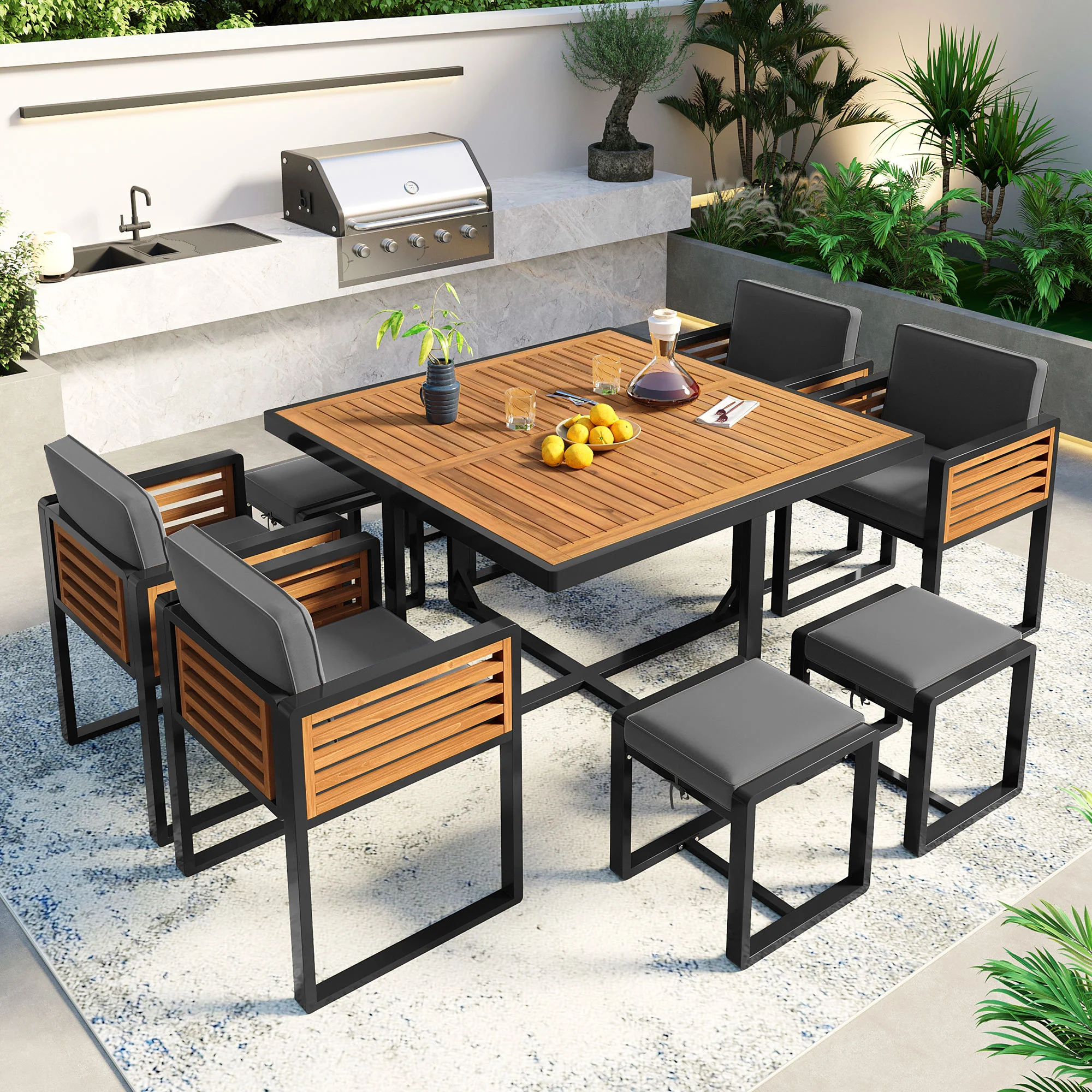 Walker Edison | Modern 9-Pieces Acacia Wood Patio Dining Set - Image 2