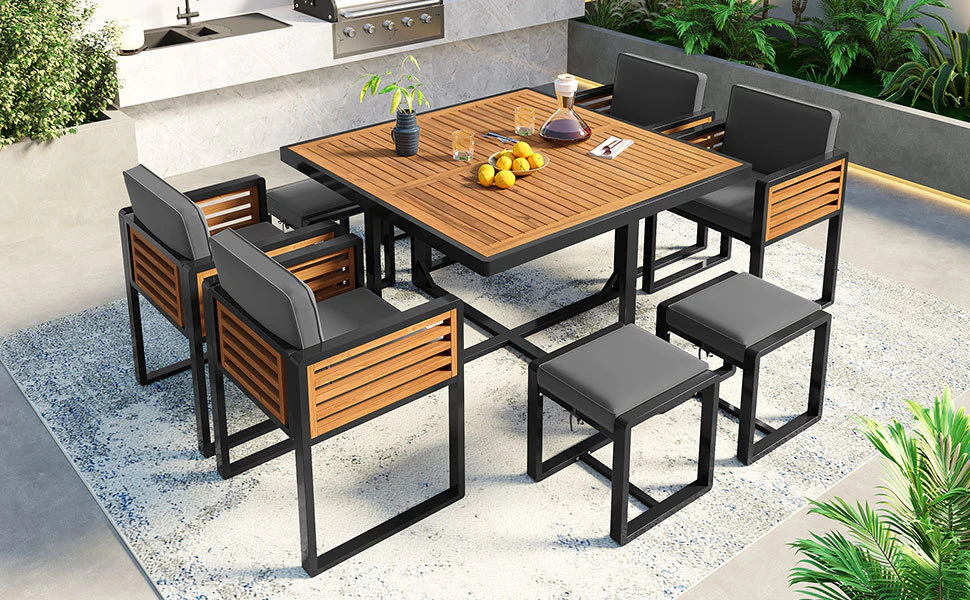 Walker Edison | Modern 9-Pieces Acacia Wood Patio Dining Set - Image 7