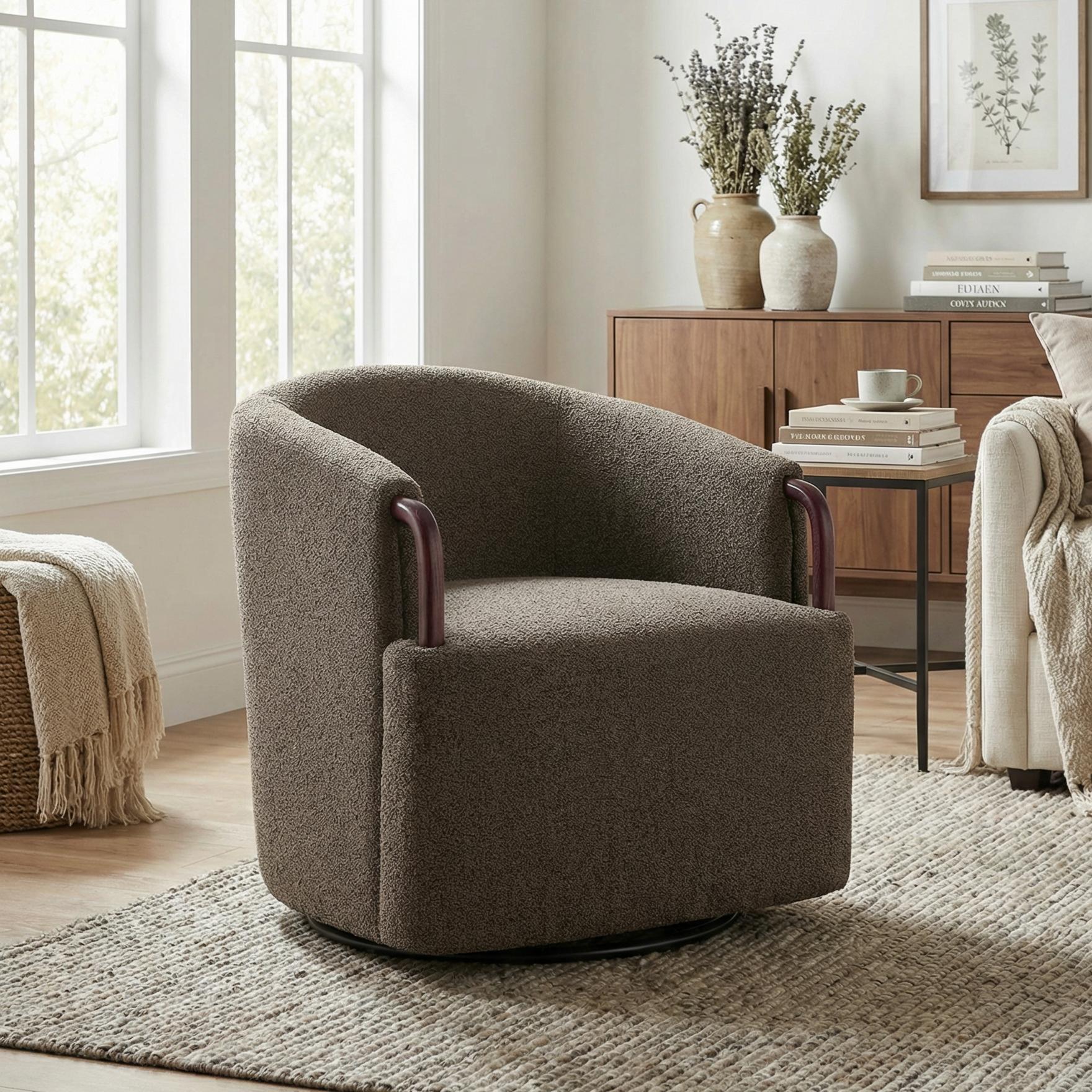 Modern Boucle Swivel Barrel Chair with Solid Wood Accents - Image 12