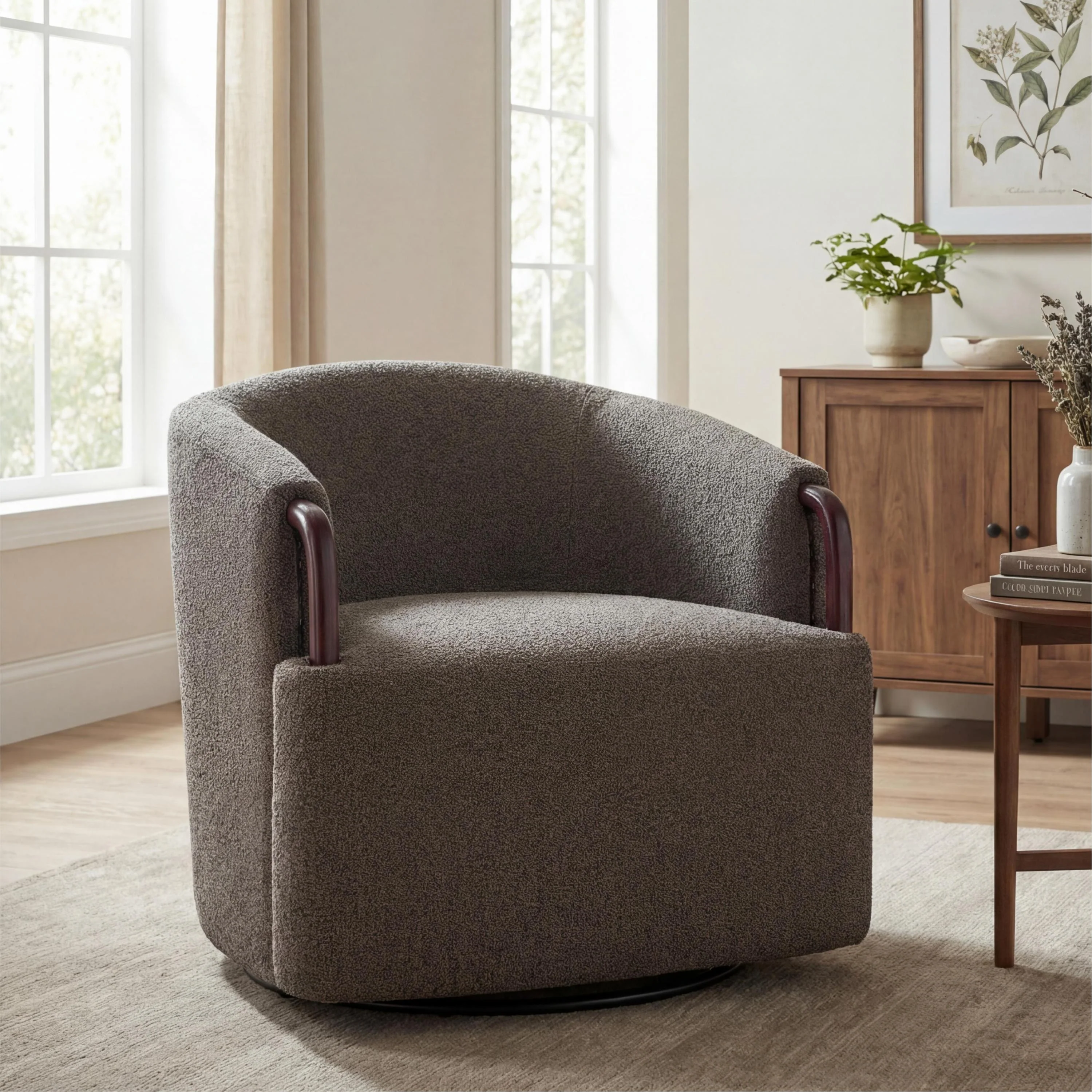 Modern Boucle Swivel Barrel Chair with Solid Wood Accents - Image 2