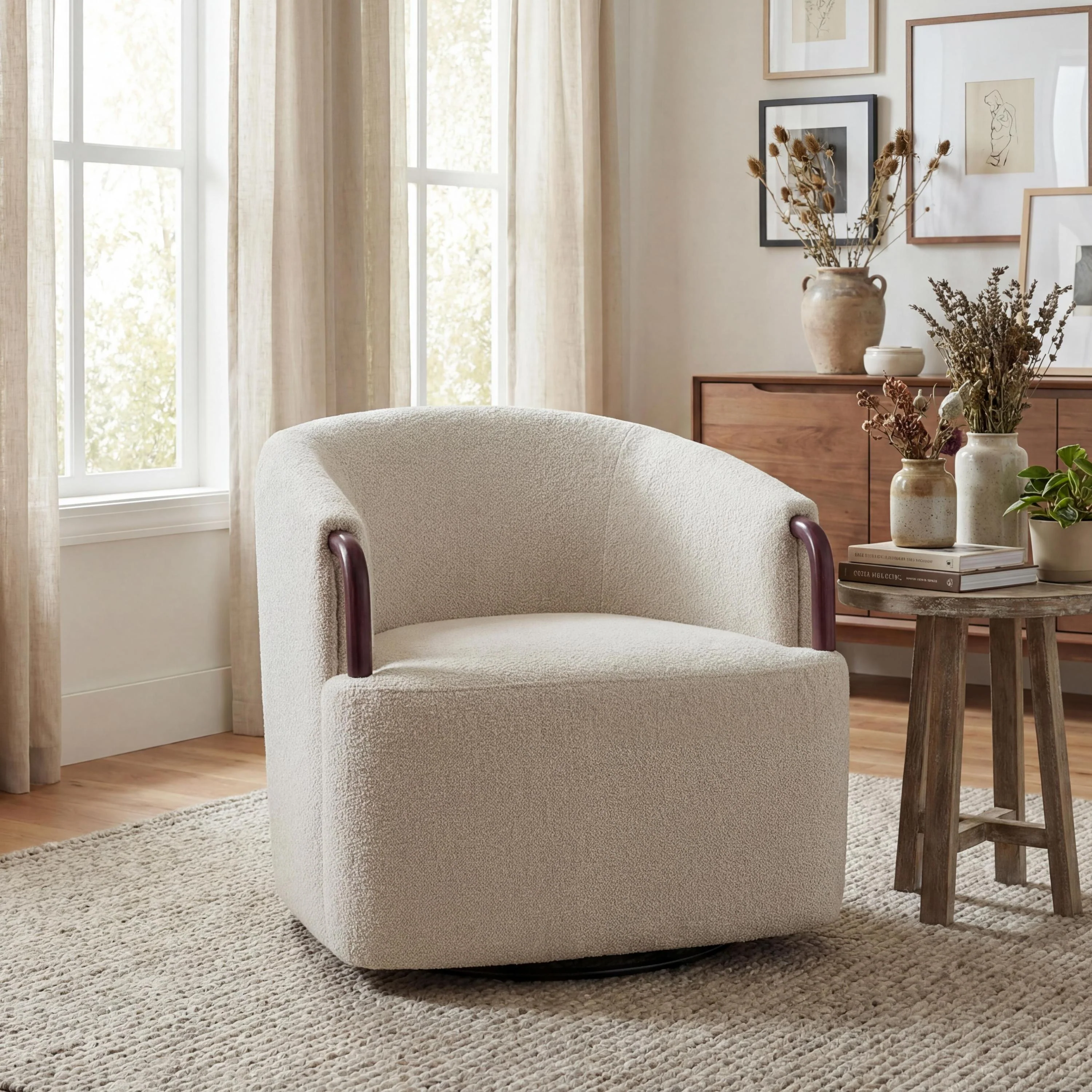 Modern Boucle Swivel Barrel Chair with Solid Wood Accents - Image 3