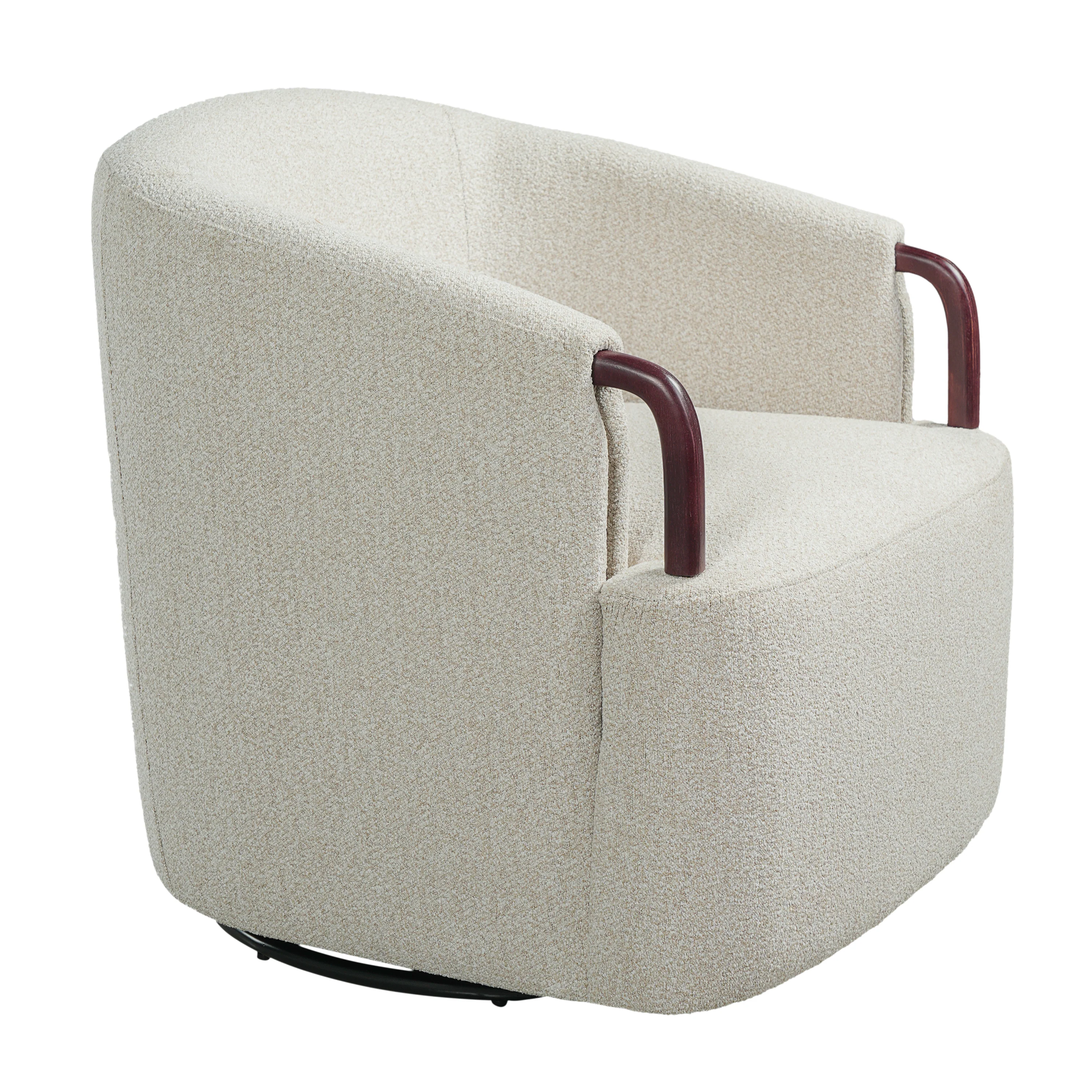 Modern Boucle Swivel Barrel Chair with Solid Wood Accents - Image 7